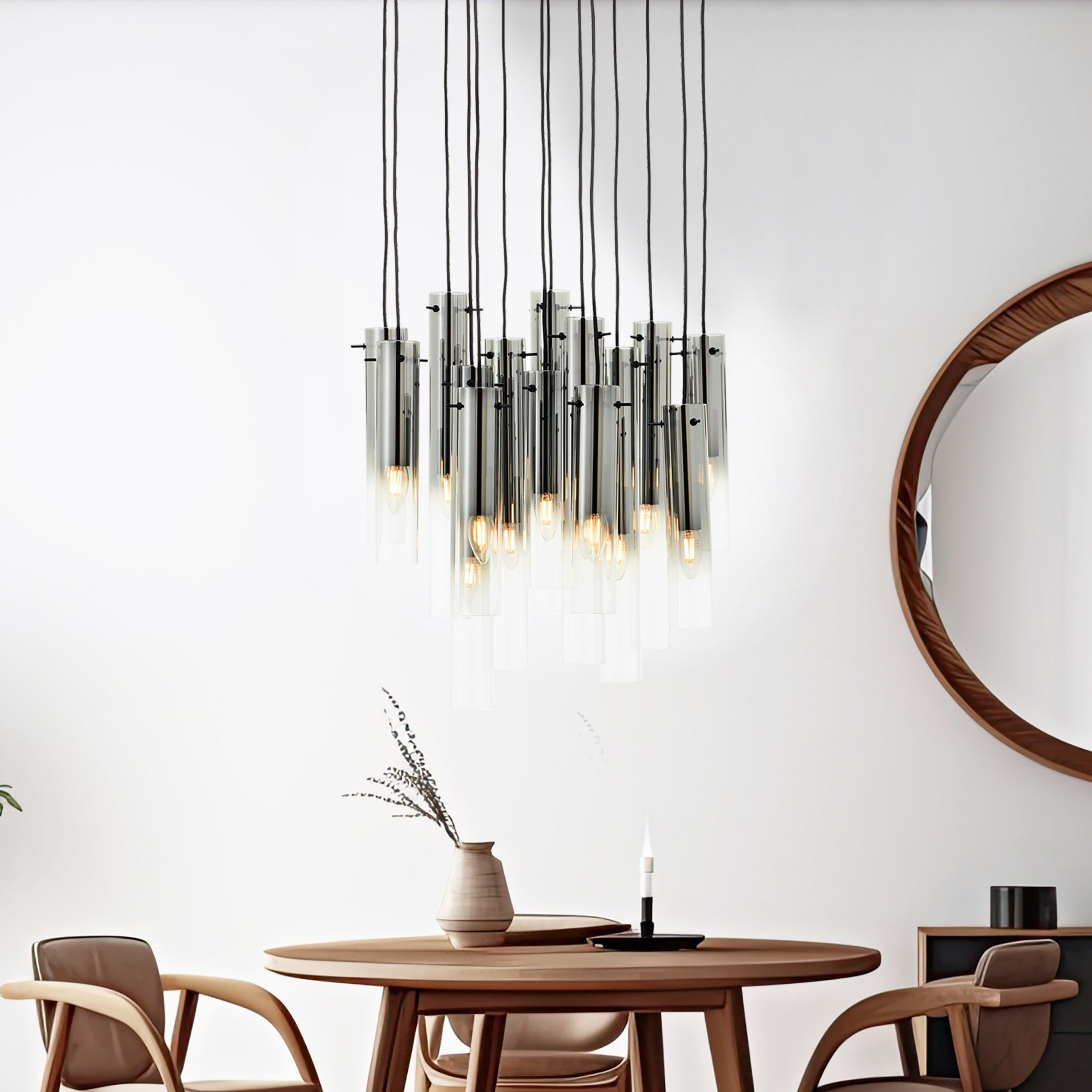 Brilliant Leuchten Hanglamp Glasini 199 x 52 cm, 14 x e14, inkortbaar, metaal/rookglas, mat zwart (1 stuk)