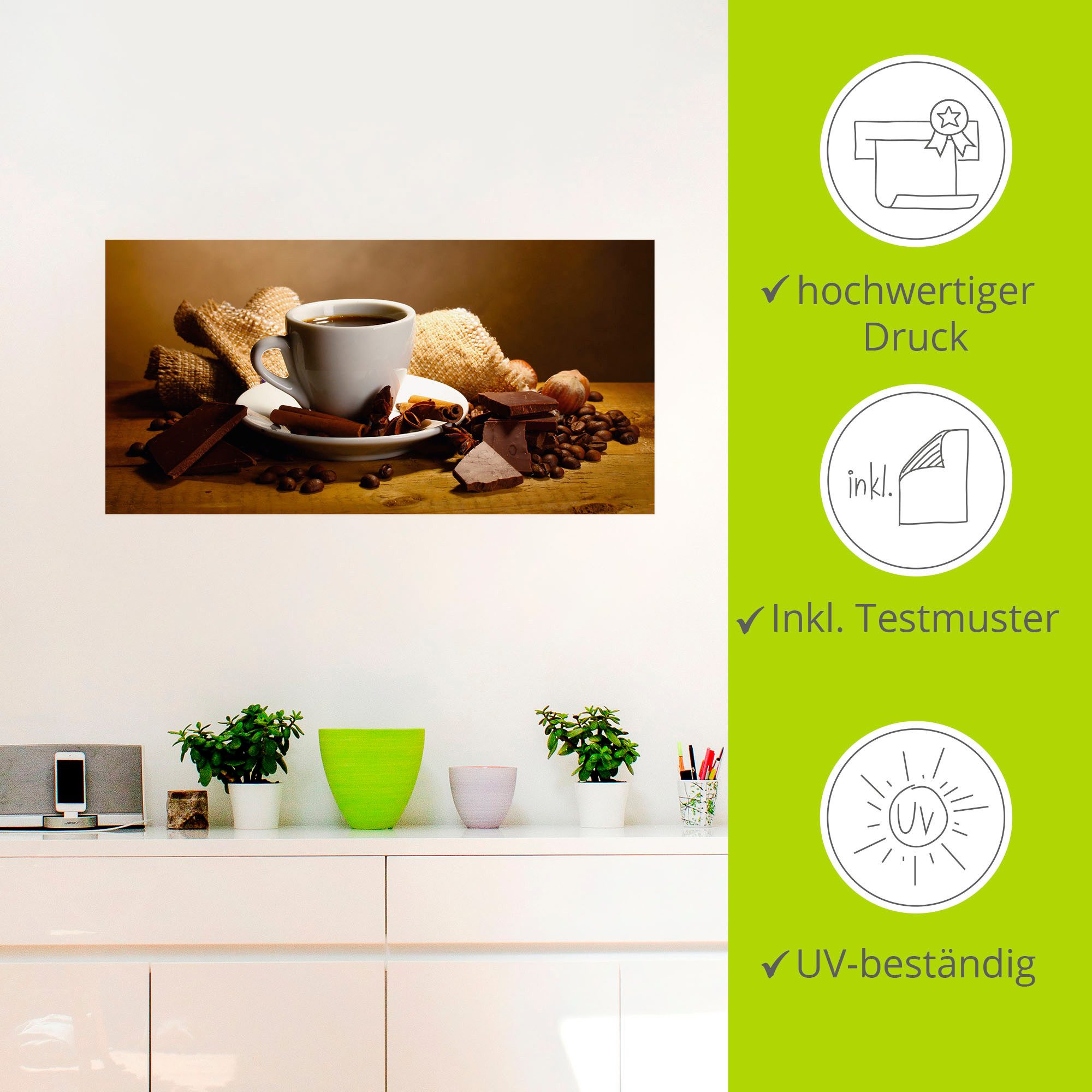 Artland Artprint Koffiekopje pijpje kaneel noten chocolade als artprint op linnen, poster, muursticker in verschillende maten