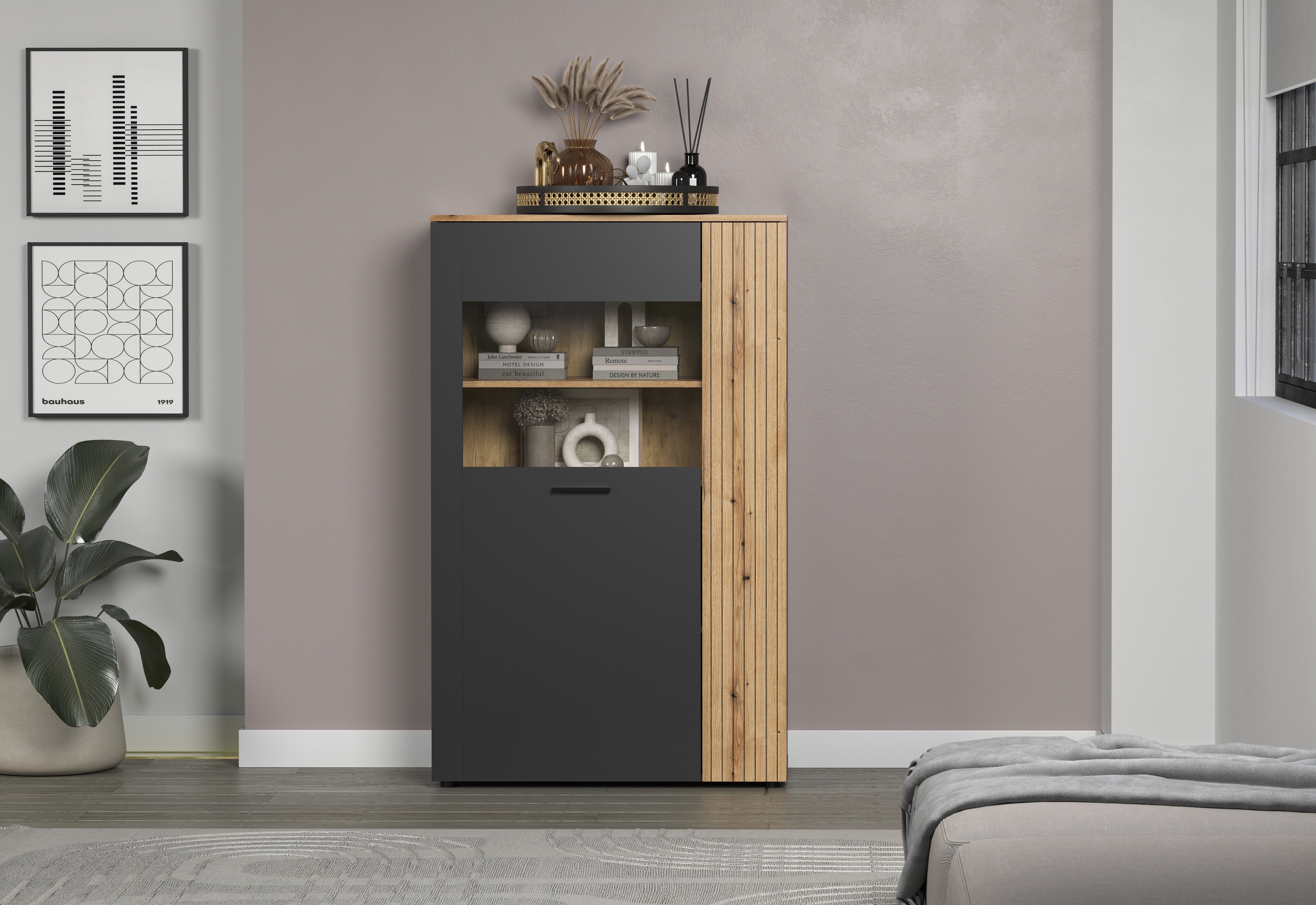 INOSIGN Highboard Estepona Vitrine met groeflook - deuren links of rechts monteerbaar (1 stuk)