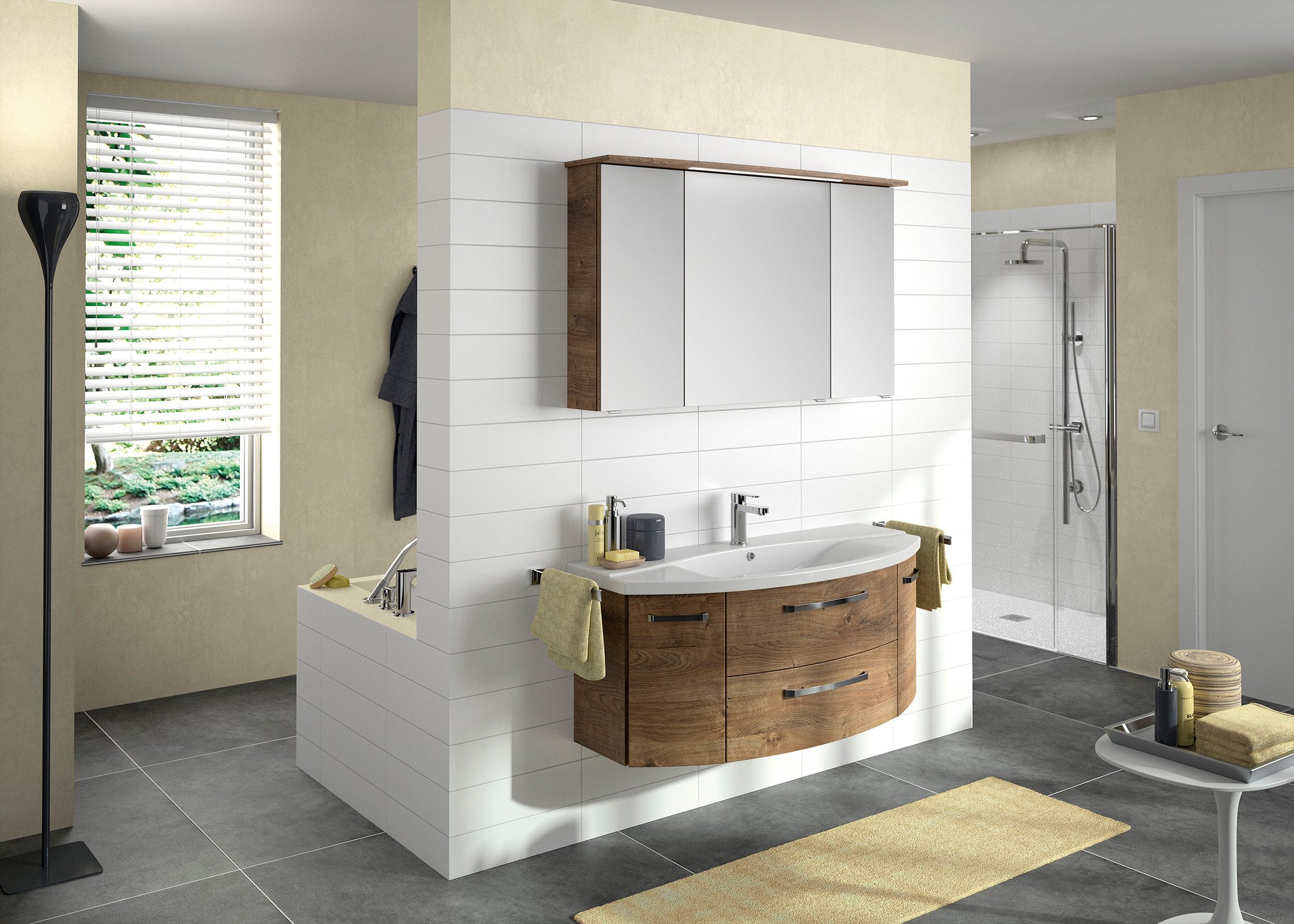 Saphir Badkamerspiegelkast Serie 4010 badkamer spiegelkast incl. LED-verlichting in krans Badkast 122 cm breed, 3 deuren, 6 glazen legplanken, incl. deurdemper