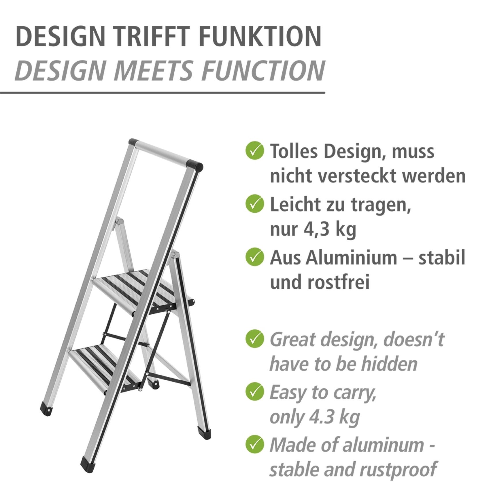 WENKO Huishoudtrapje Model Alu-Design Aluminium-design, XXL-treden, plat inklapbaar en op te bergen