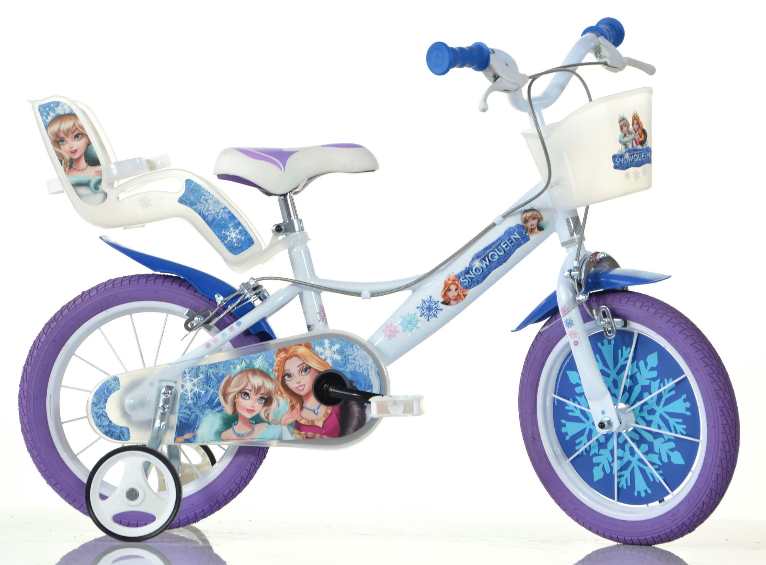 Dino Kinderfiets Snow Queen sneeuwkoningin met zijwieltjes, mand en poppenzitje fietsen maat 30 cm wit