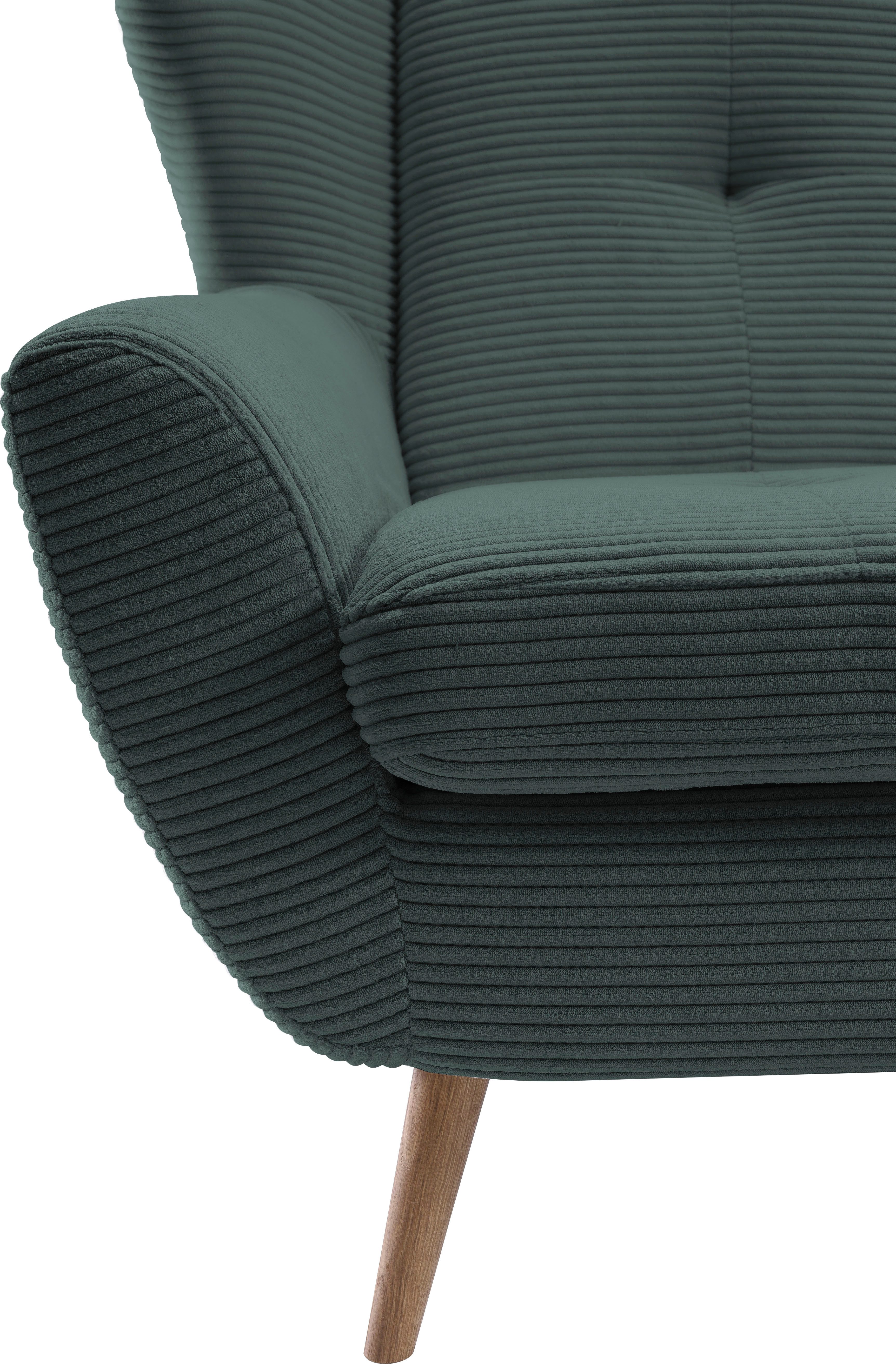 exxpo - sofa fashion Fauteuil ALVESTA, oortstoel, loungesofa met hoog zitcomfort gezellige rugleuning, met knoopstiksels en hoge houten voeten, in cord