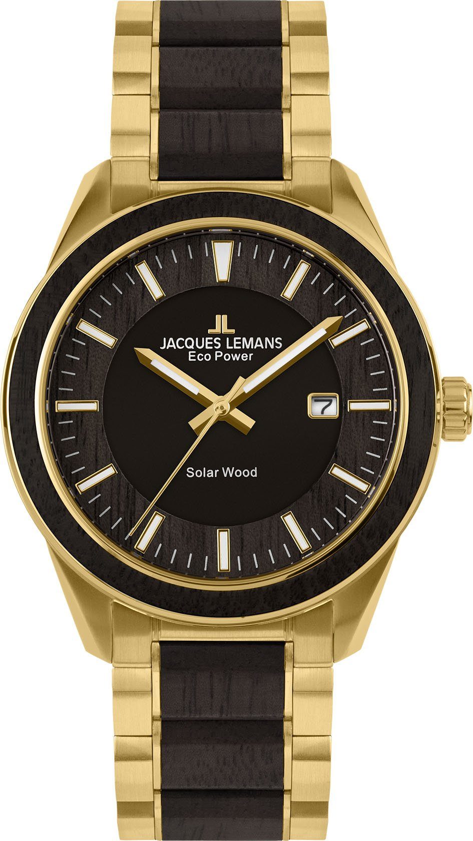 Jacques Lemans Solarhorloge Eco Power Solar Wood, 1-2116J Horloge, herenhorloge, datum, houten wijzerplaat, roestvrijstalen band