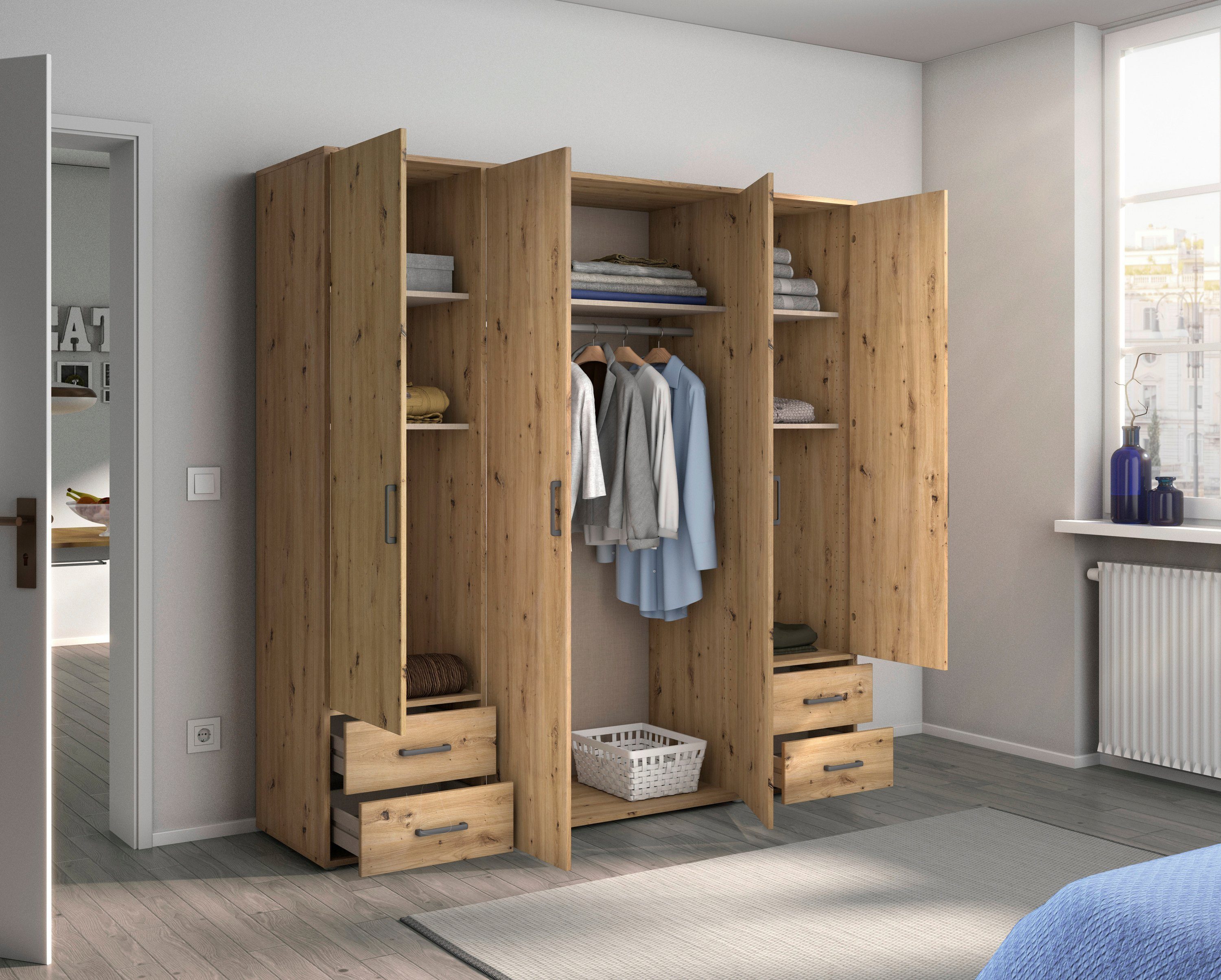 rauch Draaideurkast Kledingkast kast garderobe linnenkast VOYAGER moderne grepen in grijs metallic met buitenlades made in germany