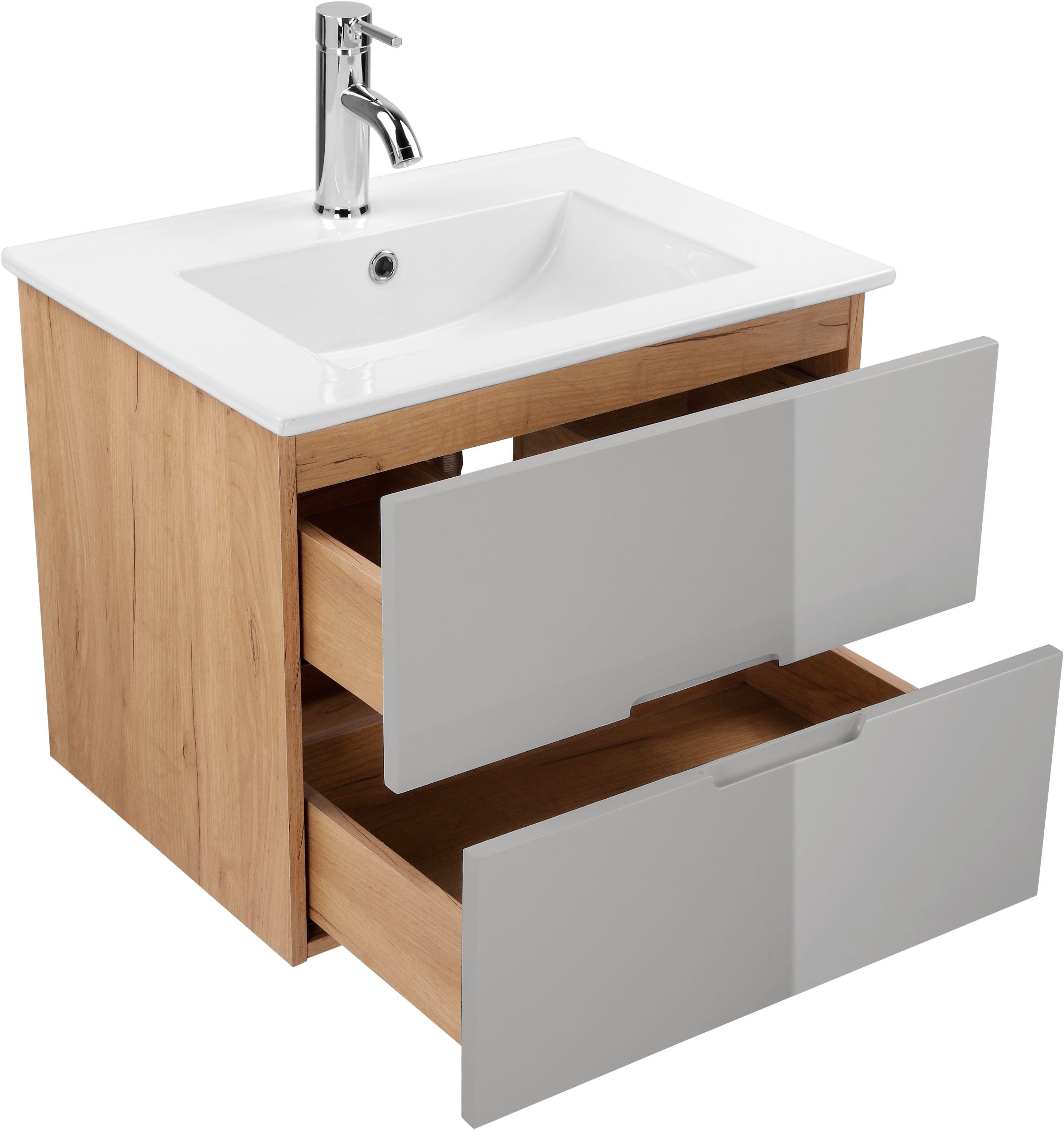 welltime Badkamerserie Lund badkamermeubelset badkamerkast badkamerset Spiegelkast, wastafelonderkast en wasbak breedte 60 cm (complete set)