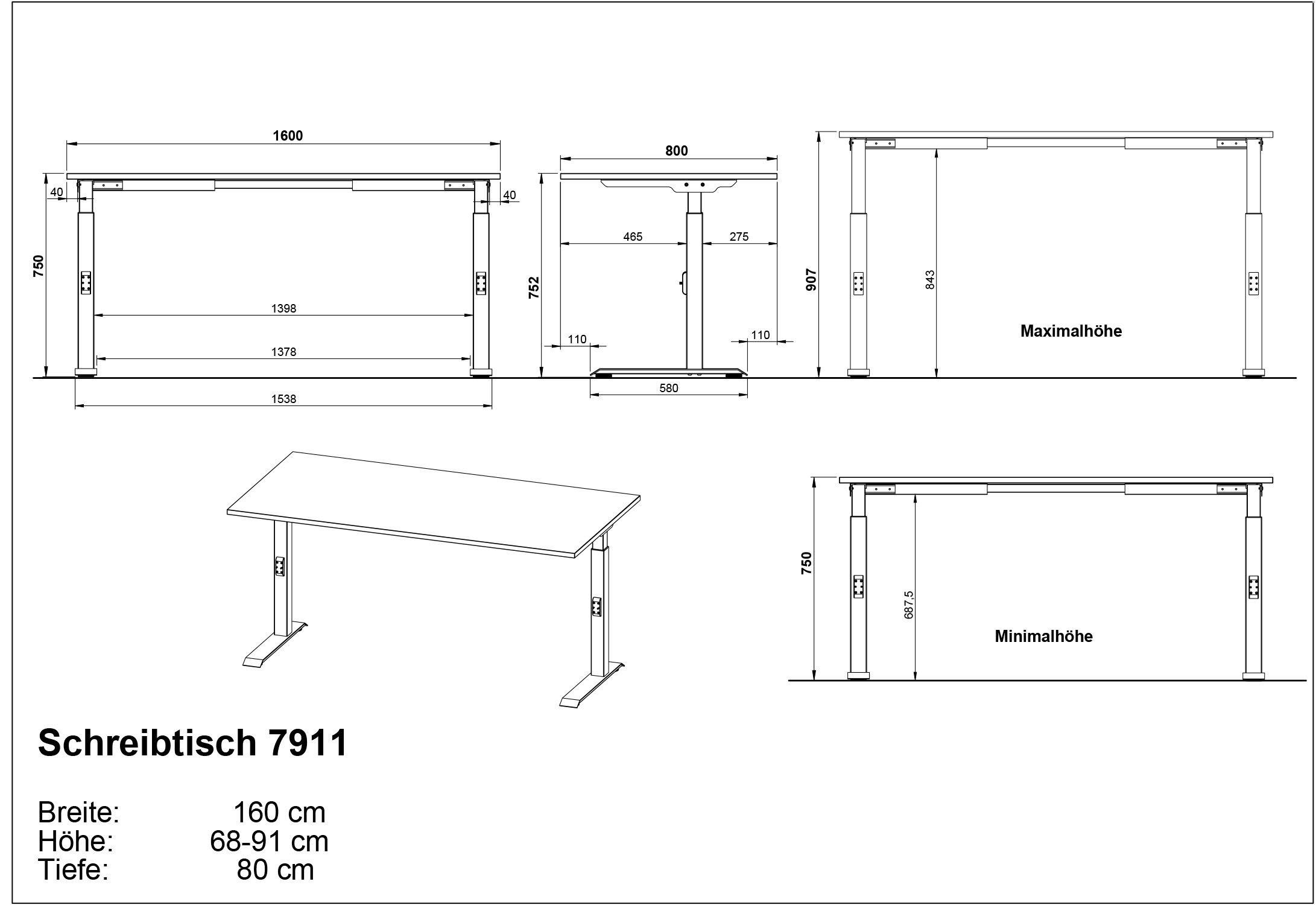 GERMANIA Bureau Milaan, mechanisch in hoogte verstelbaar, in verschillende breedten 120-180 cm, made in germany