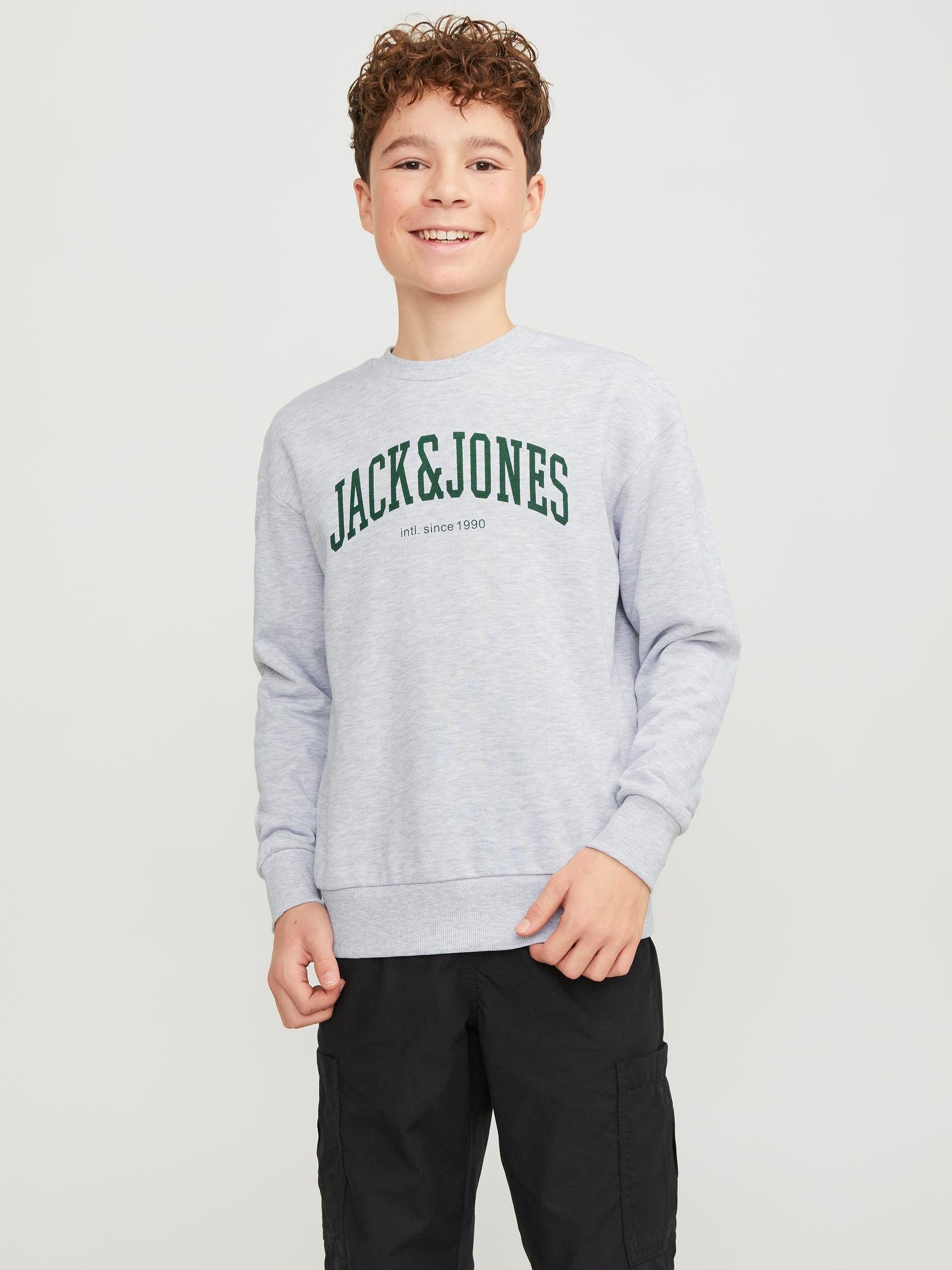 Jack & jones JUNIOR sweater JJEJOSH met tekst grijs groen Tekst 152