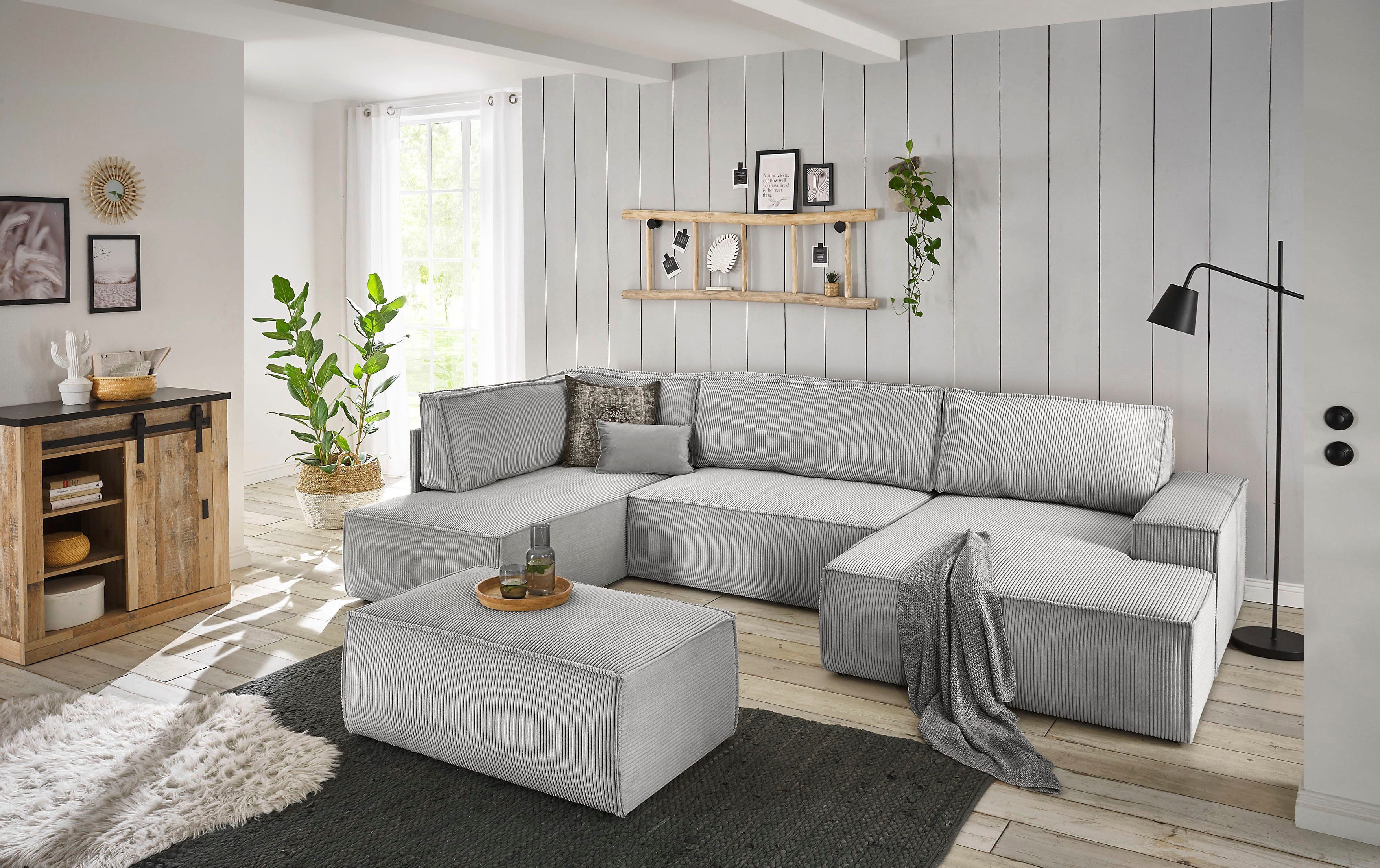 Home affaire Zithoek SHERWOOD 329 cm, U-vorm, slaapbank, Slaapfunctie met bedkist (194x139 cm), cord, vintage, fluweel