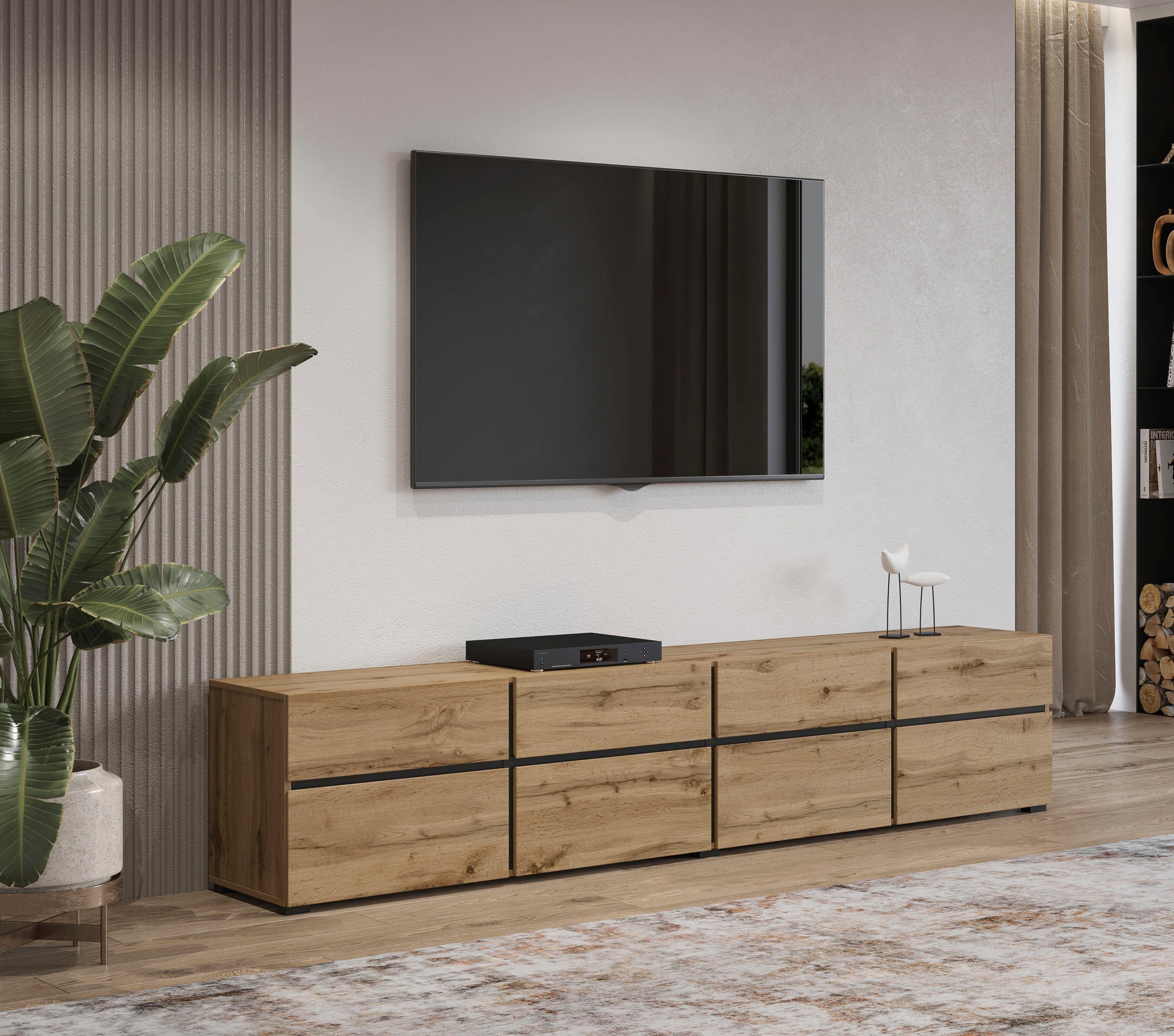 INOSIGN Tv-meubel Cross, moderne greeploze TV-kommode, 4 kleppen/4 lades Breedte 225 cm, tv-kast met veel opbergruimte, tv-meubel