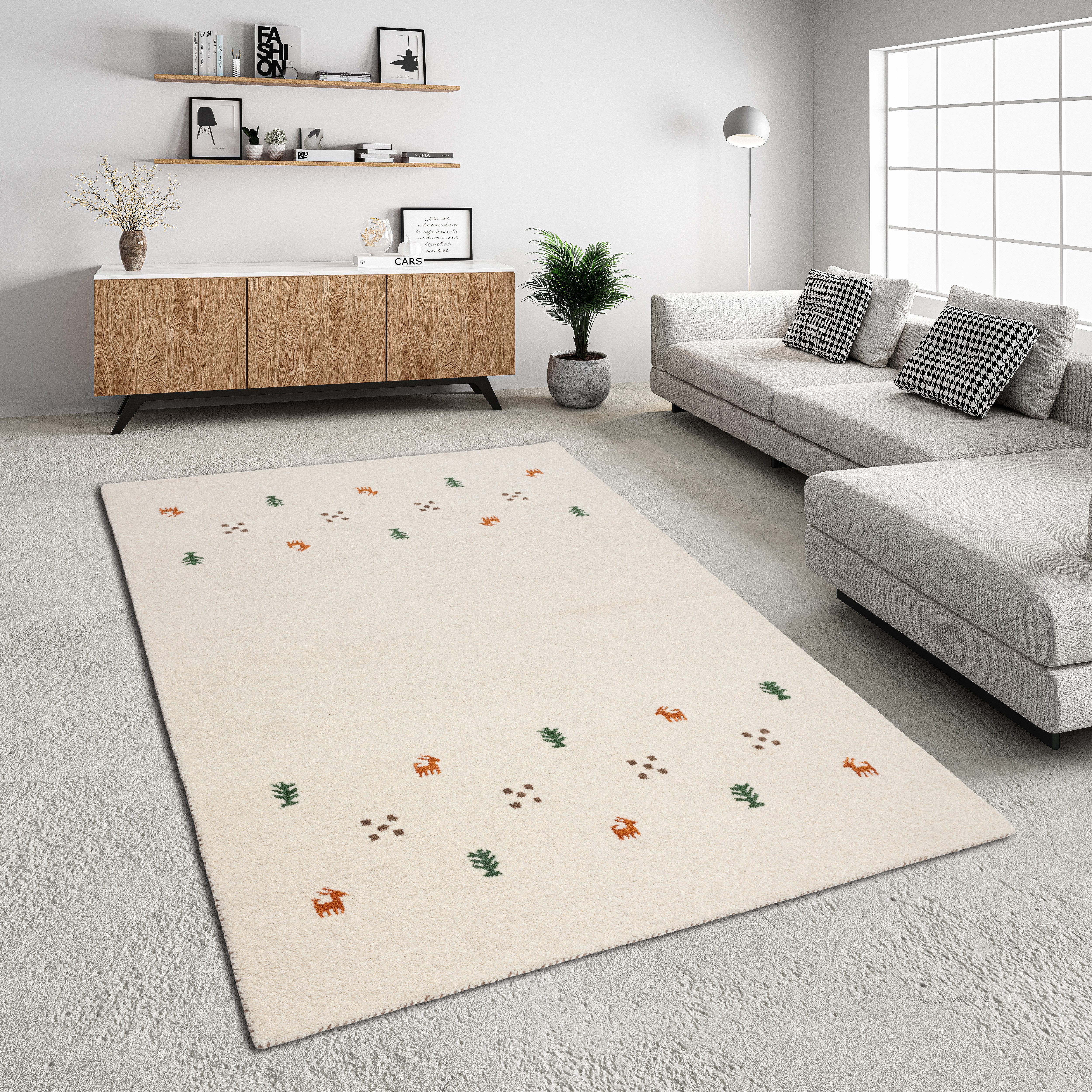 THEKO Wollen kleed Gabbeh motief, handgeweven tapijt, dierenmotief, 100% wol, handgeweven wollen vloerkleden maat 300 cm x 400 cm x 14 mm beige