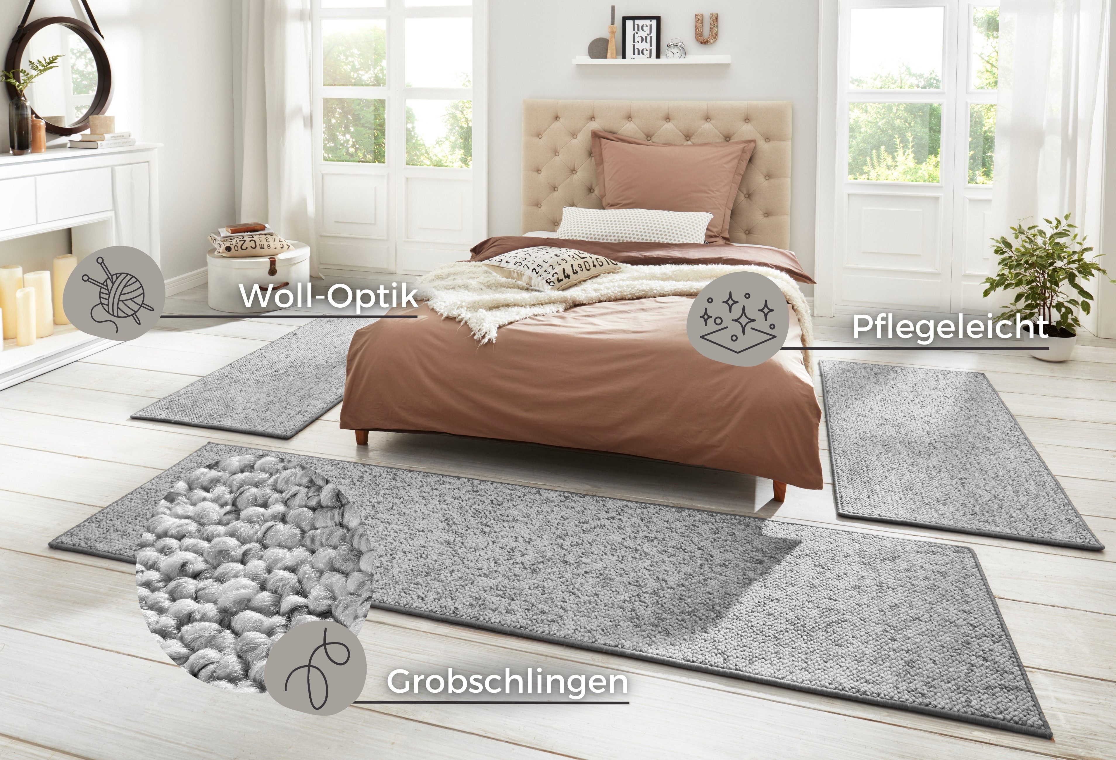 HANSE Home Set slaapkamerkleedjes Wolly 2 Slaapkamerkleed, 3-delige loper set, unikleur, korte pool, bedloper