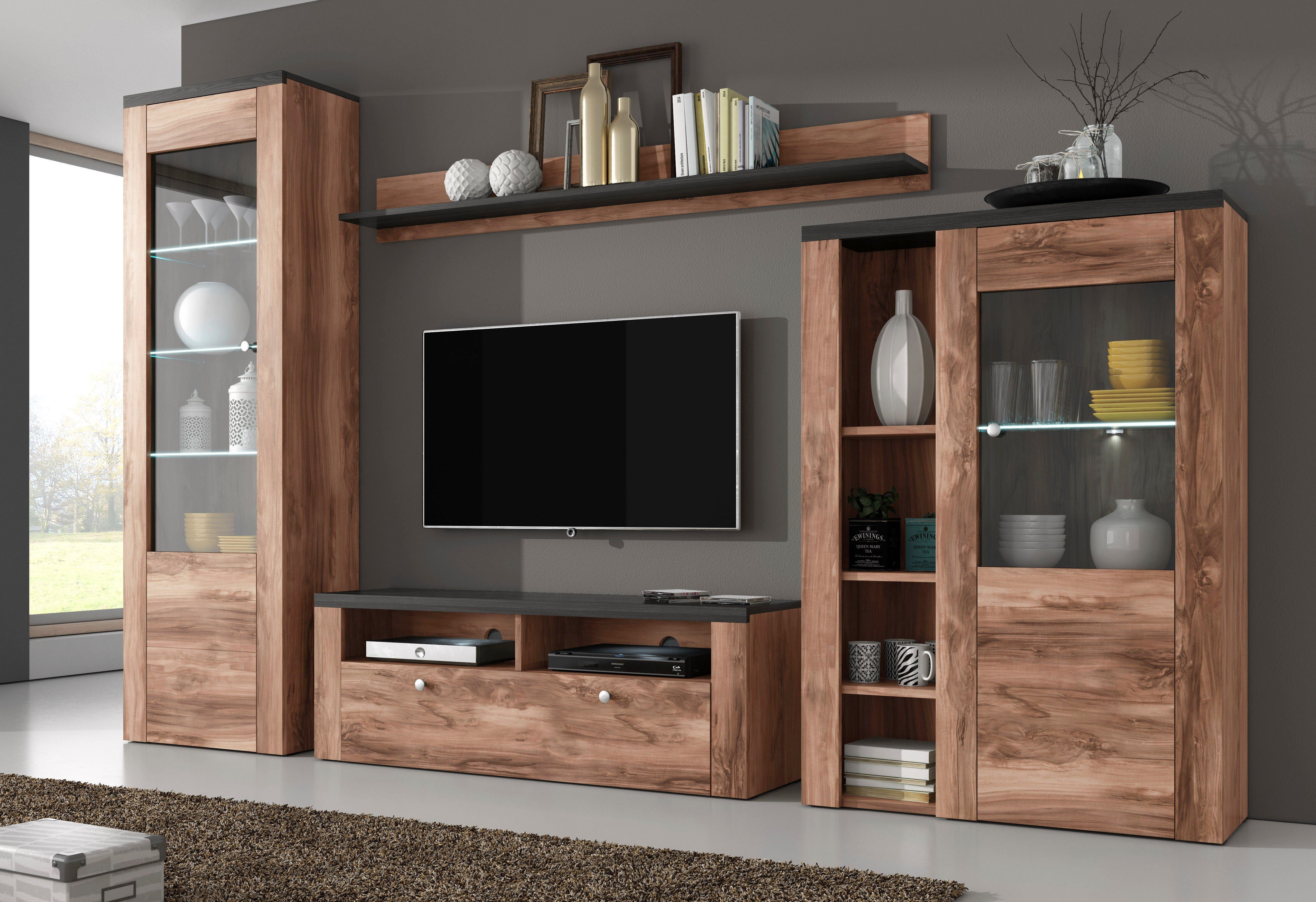 Home affaire Wandmeubel Larona, aanbouwwand, set van 4 delen bestaande uit 1 tv-board, 1 highboard, 1 vitrine, 1 wandplank (set, 4 stuks)