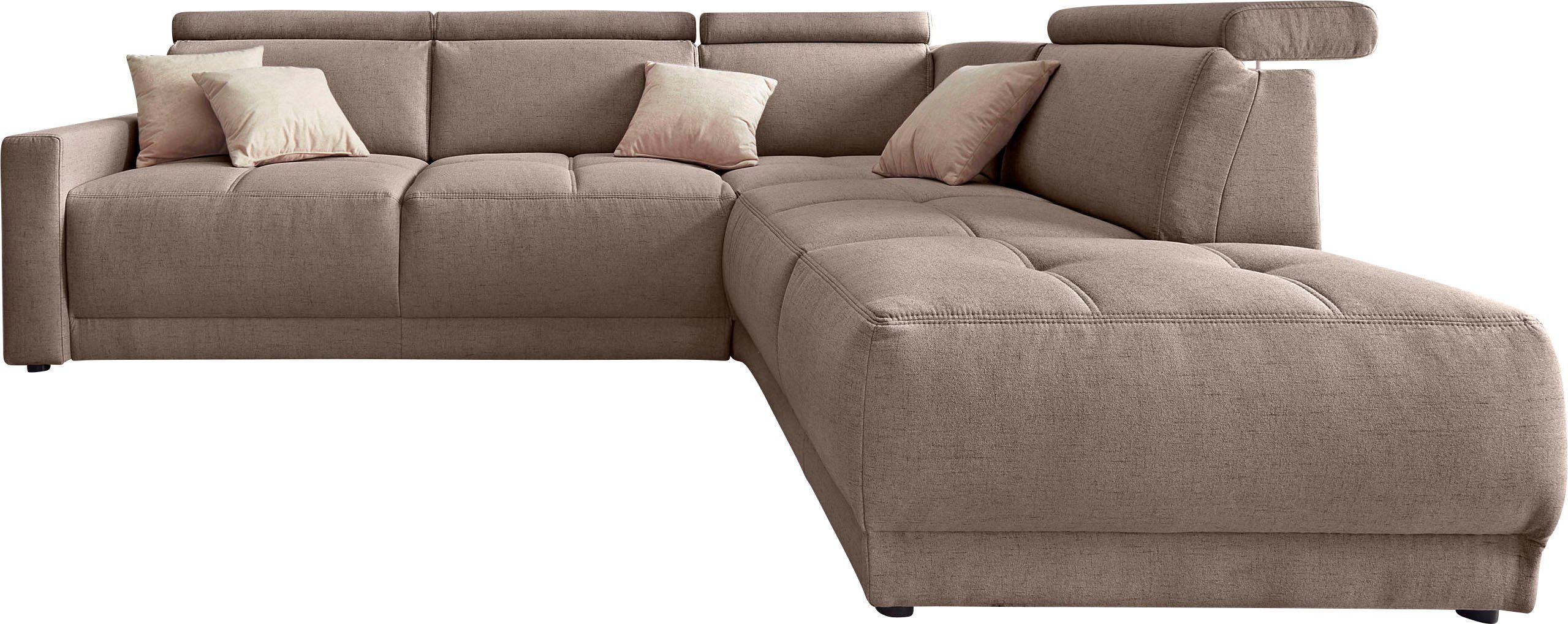 DOMO collection Hoekbank Ava, moderne zitstiksels met mooie dubbele naad, comfortabel, L-vorm met ottomane, inclusief veren, optioneel met hoofdeinde verstellingen