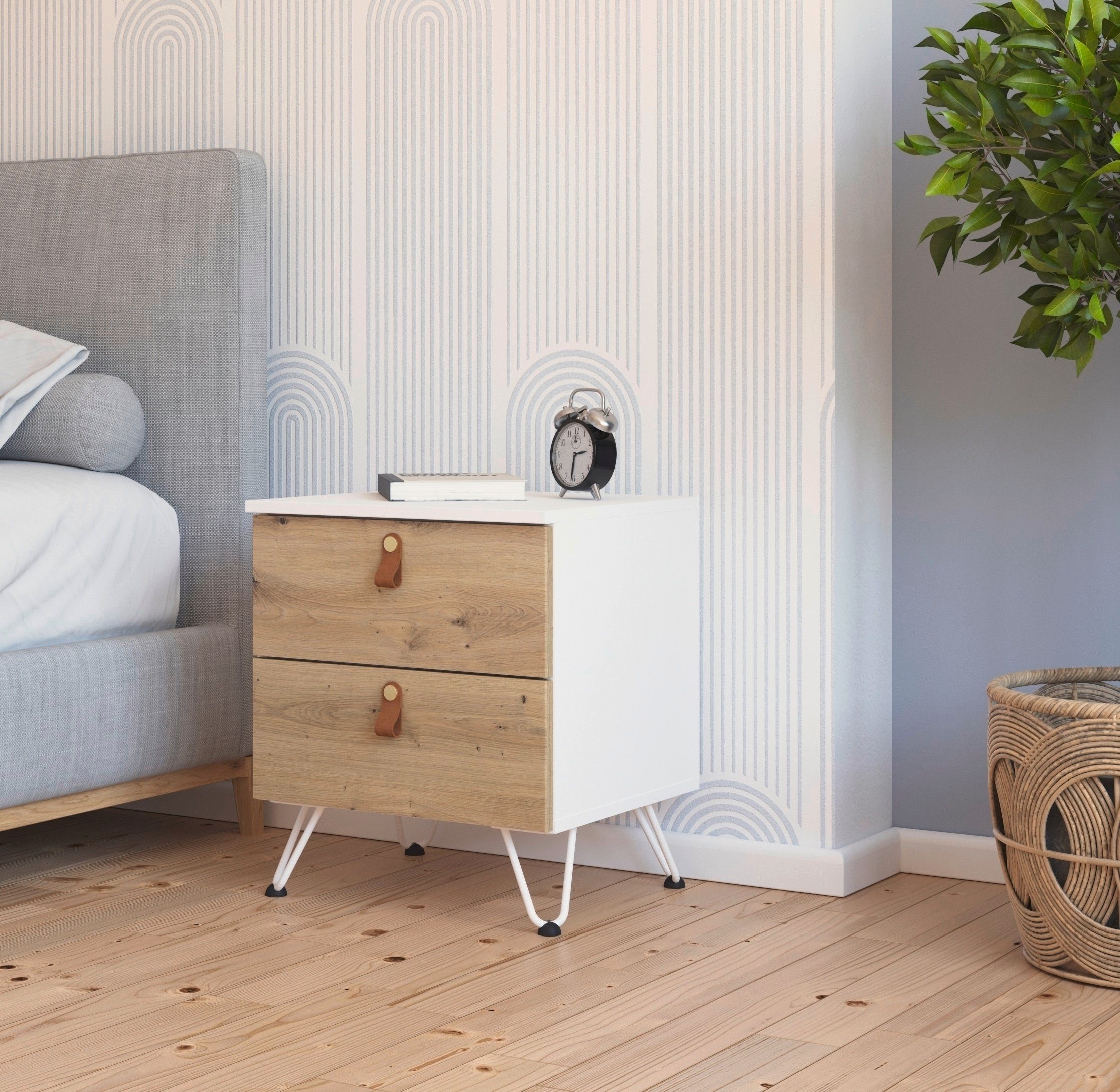 rauch Nachtkastje Homey by Aditio met greeplussen van leer, 2 laden met soft-closefunctie