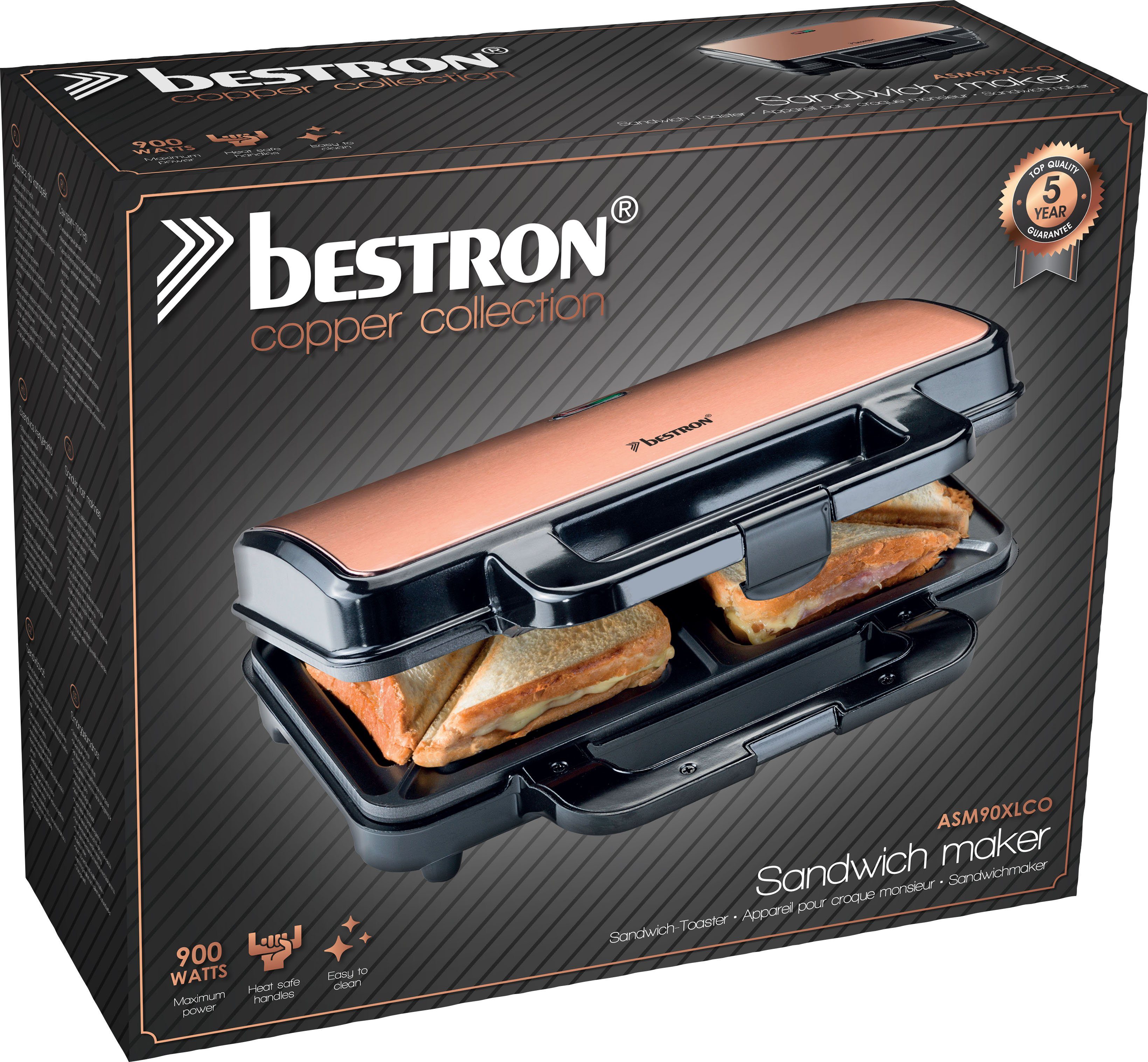 bestron Sandwichmaker ASM90XLCO XL sandwich-toaster antiaanbak gecoat, voor 2 sandwiches, zwart/koperkleur