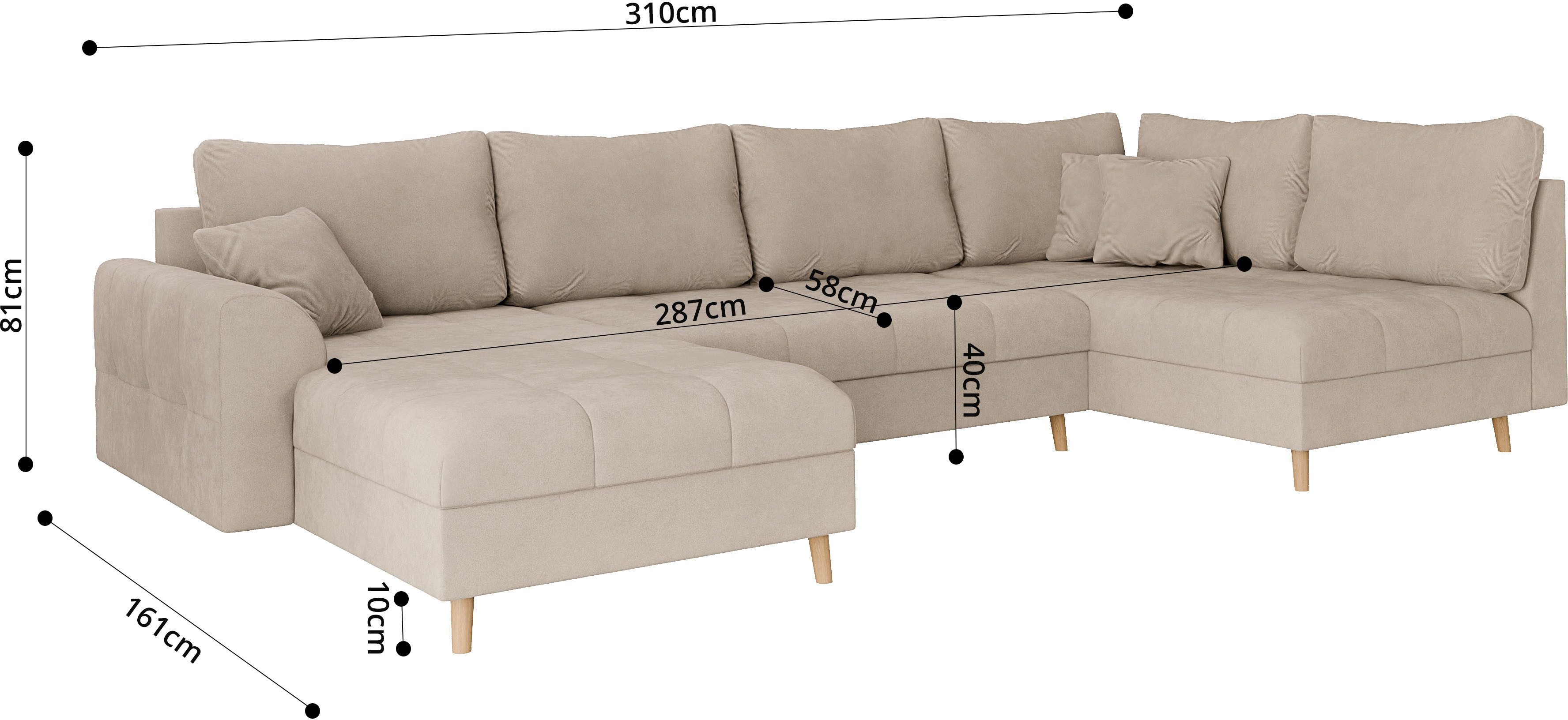Home affaire Zithoek CHARRE U-vorm met ottomane, afmetingen B/D/H: 310/161/81 cm fijne stiksels, losse rug- en sierkussens, ook in cord en bouclé