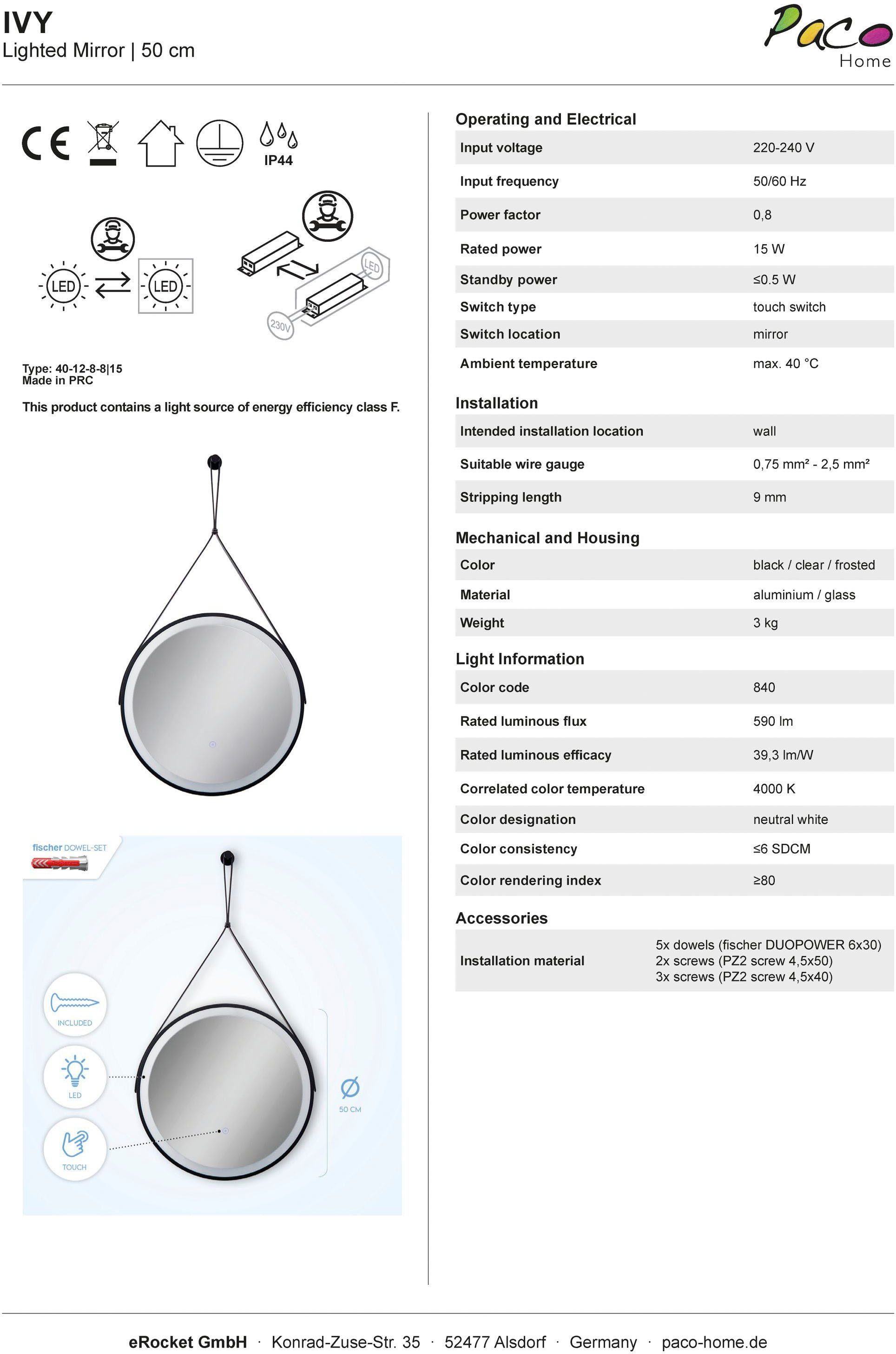 Paco Home Wandlamp Ivy LED backlight rond 50cm IP44 touch kunstleer ophang