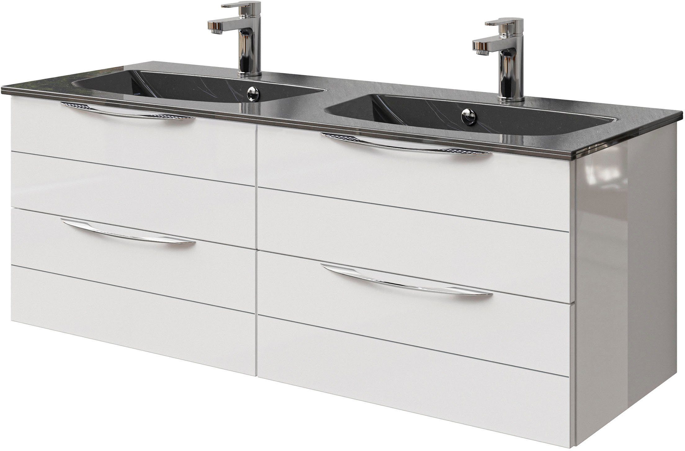 Saphir Wastafelonderkast Serie 6025 mineraalmarmeren wastafel met onderkast, 132 cm breed Dubbele wastafel met 4 lades, hangend, verschillende uitvoeringen (2-delig)