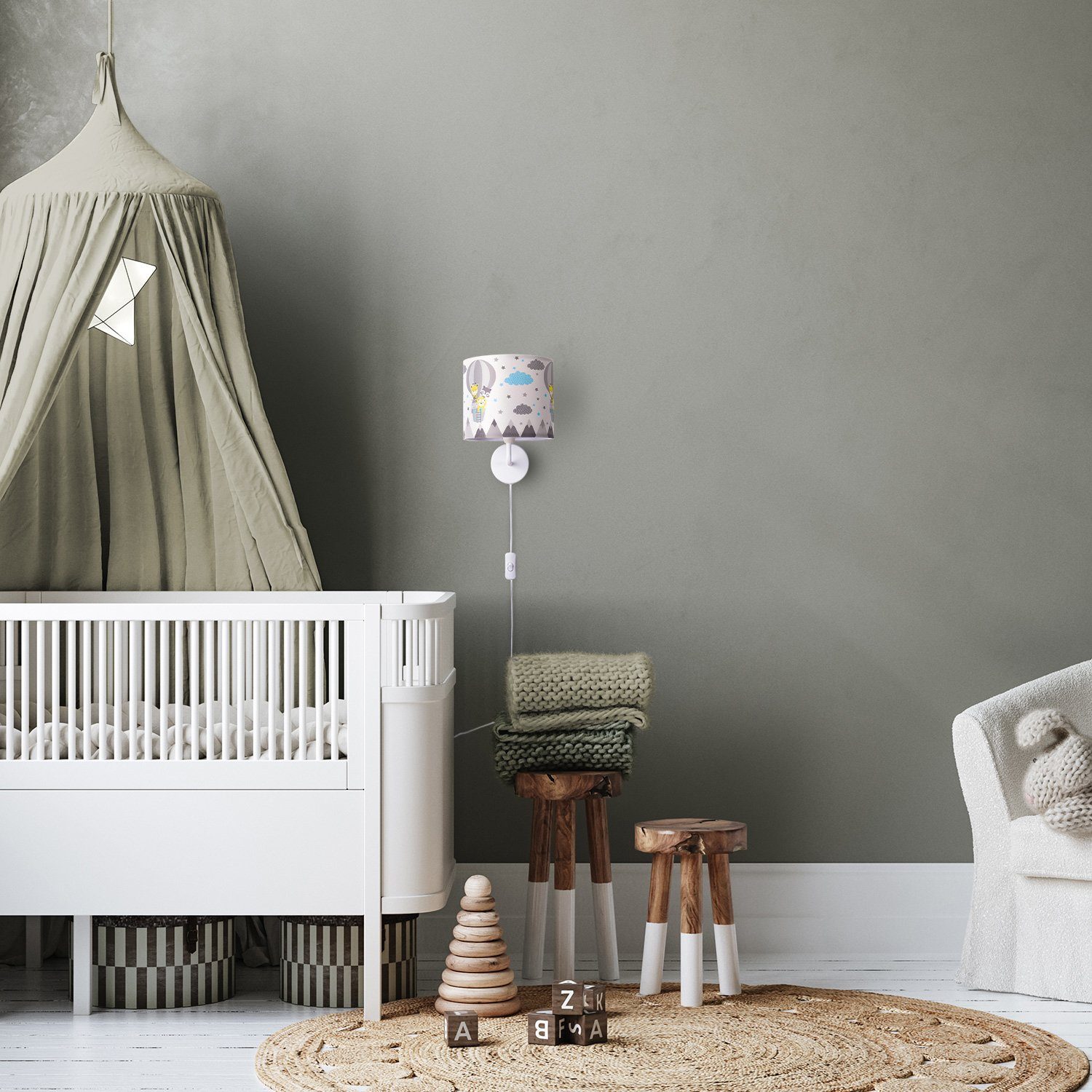 Paco Home Wandlamp Cosmo 343 Lamp kinderkamer stekker âˆ…18cm luchtballon dieren kabel 3m E14