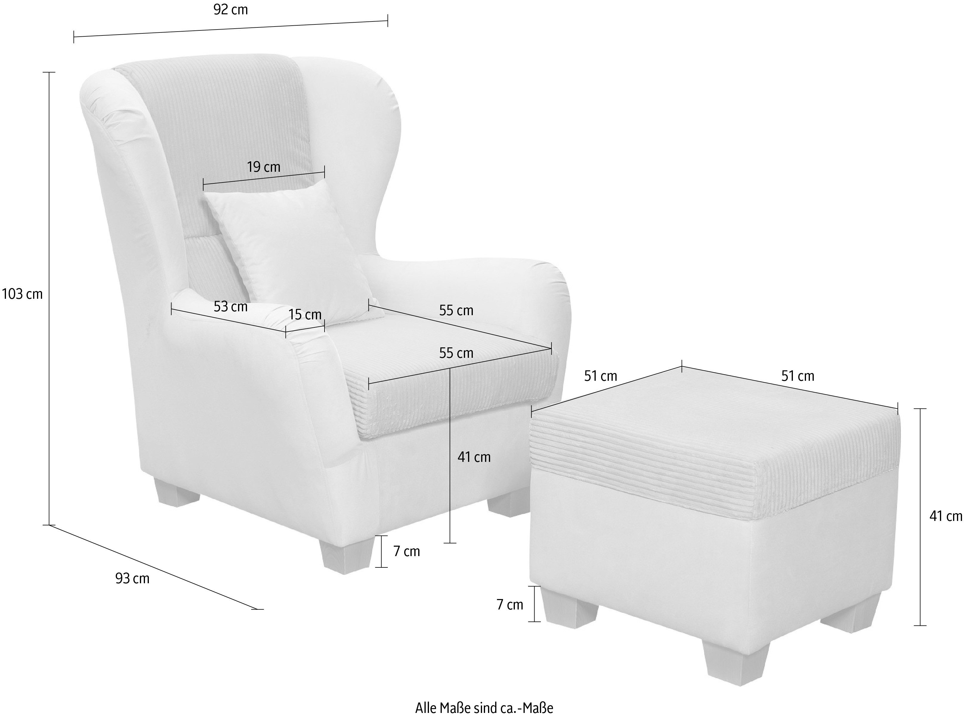 Home affaire Oorfauteuil Oliver Oorstoel, met poef, sierkussens, klassieke vorm (2 stuks)