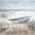 gilde artprint op linnen schilderij boot op het strand met de hand geschilderd, 100x100 cm, motief strandlandschap, maritiem, decoratief in de woonkamer  slaapkamer (1 stuk) multicolor