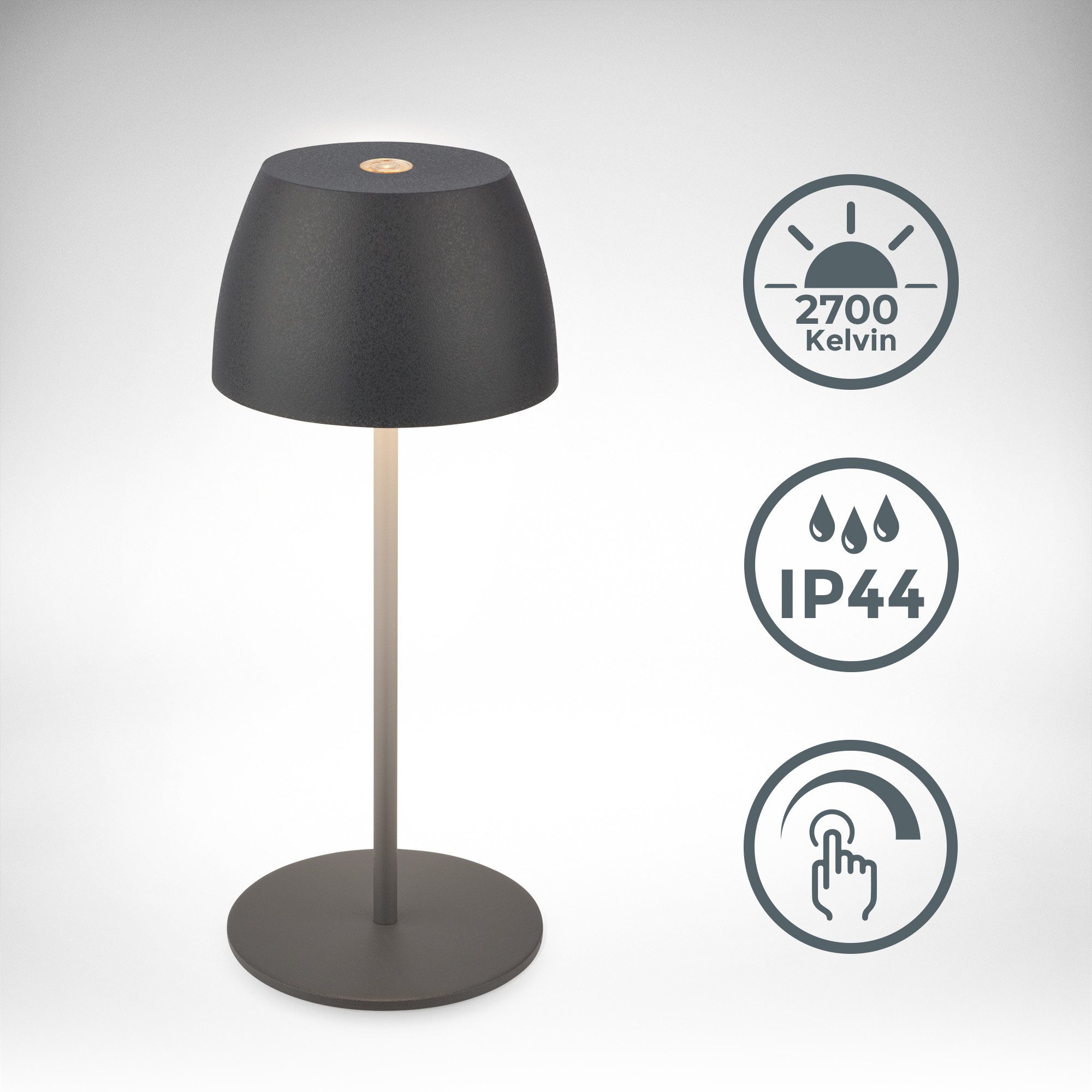 B.K.Licht Tafellamp voor buiten BK_TL1606 Mini Accu LED tafellamp, touchdimmer, met USB-C 2.700 k, 150lm, 2,5w, verwisselbare accu, max. 24h brandduur, antraciet (1 stuk)