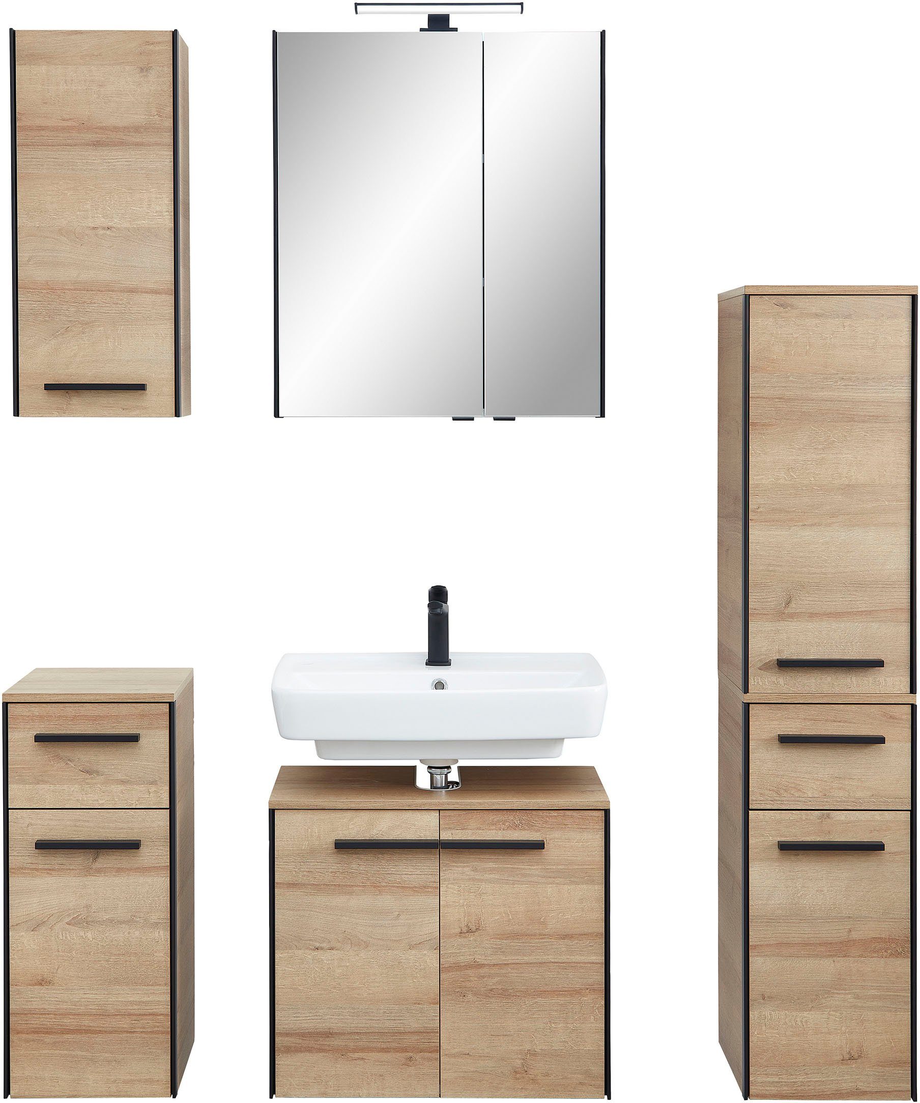 Saphir Badkamerserie Quickset 395 5-delig, wastafelonderkast met led-spiegelkast Onderkast, hangend kastje, halfhoge kast, inclusief deurdemper, 7