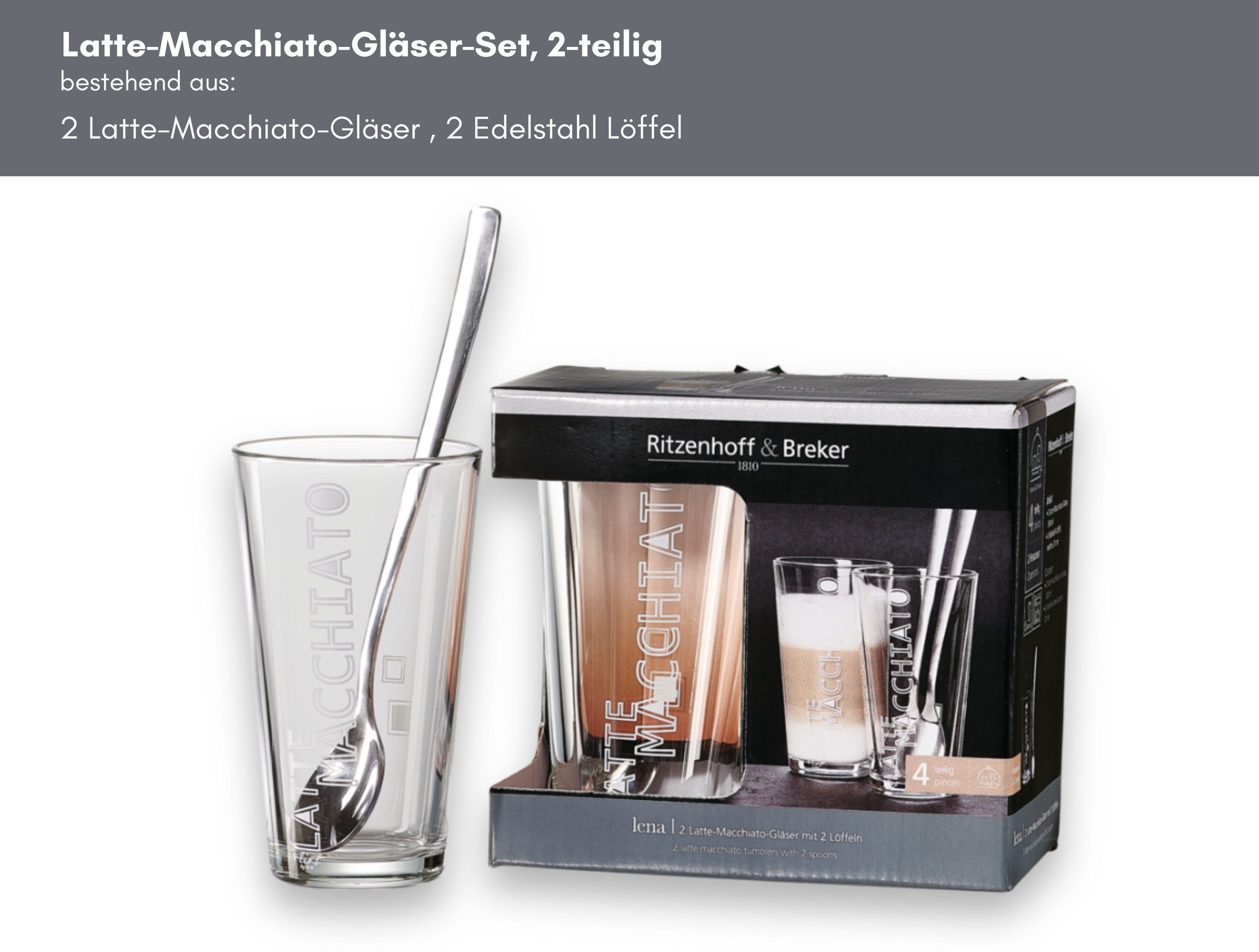 Ritzenhoff & Breker Latte macchiato glas LENA 350 ml, 4-delig, inclusief 2 lepels van roestvrij staal (set, 4-delig)