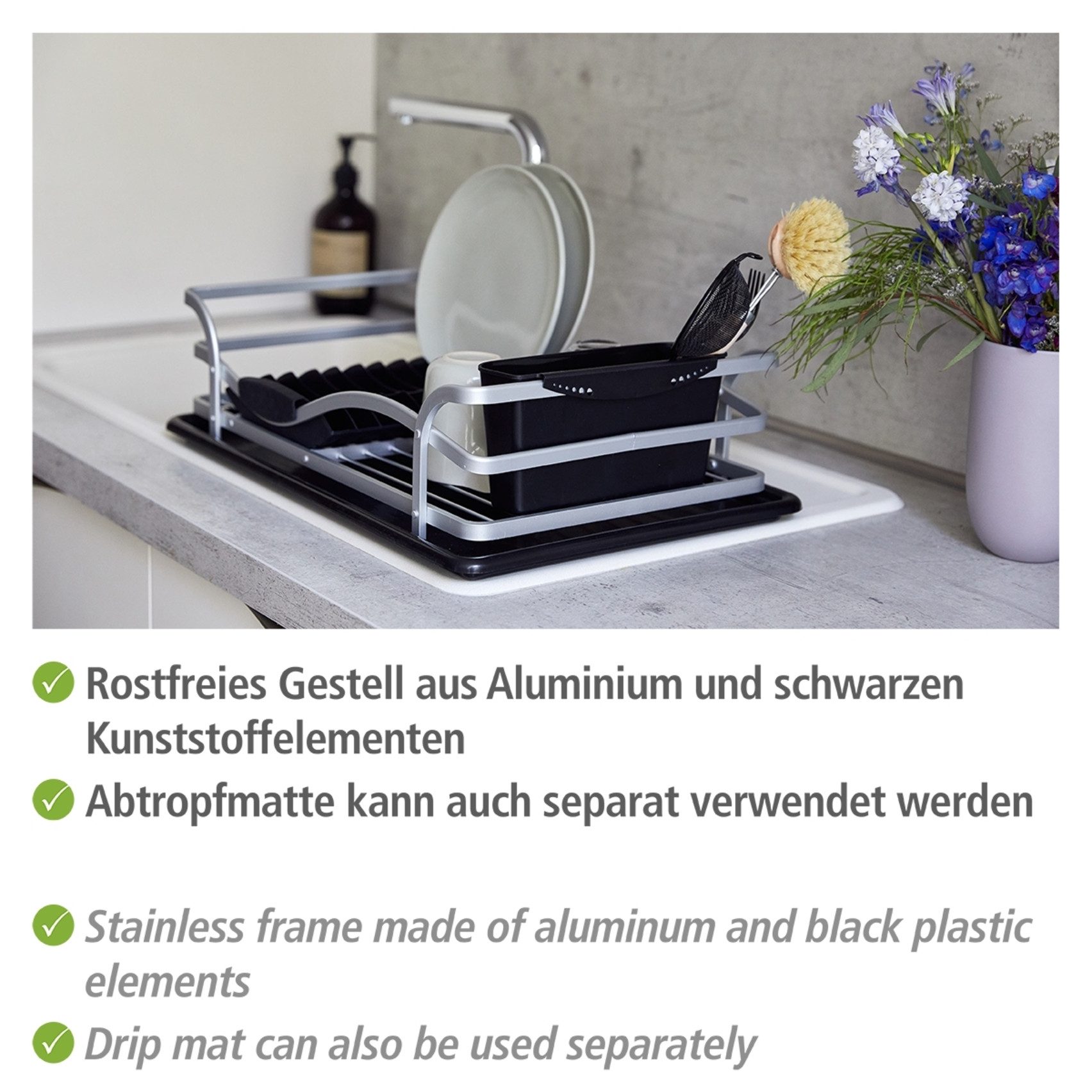 WENKO Afdruiprek Model Alu Afwasrek van aluminium & kunststof, afneembare bestekmand (1-delig)