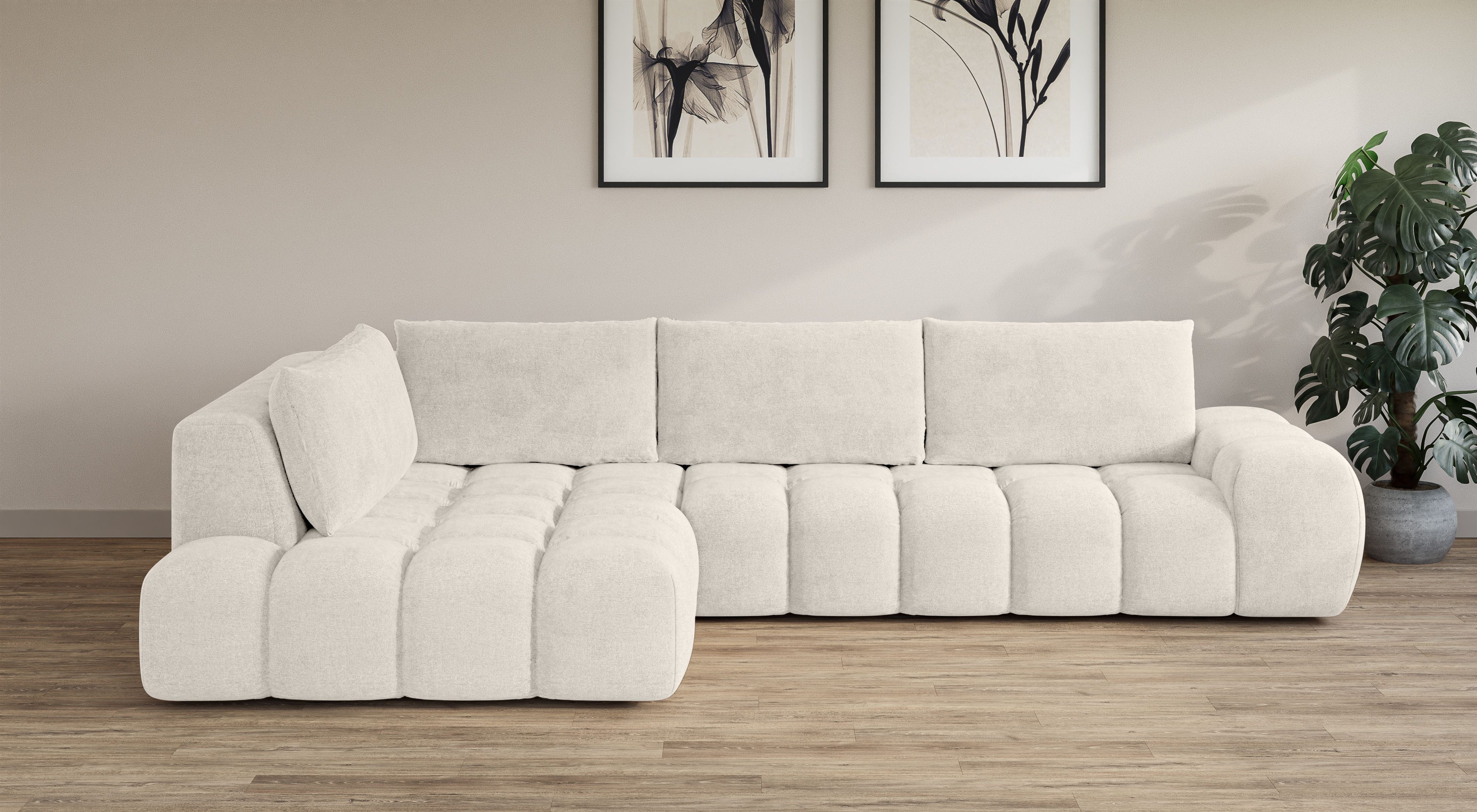INOSIGN Hoekbank AZITA designbank, elegant en comfortabel L-vorm losse rugkussens, droomachtige stiksels, comfortabele zit beige, hoekbanken, Ottomane