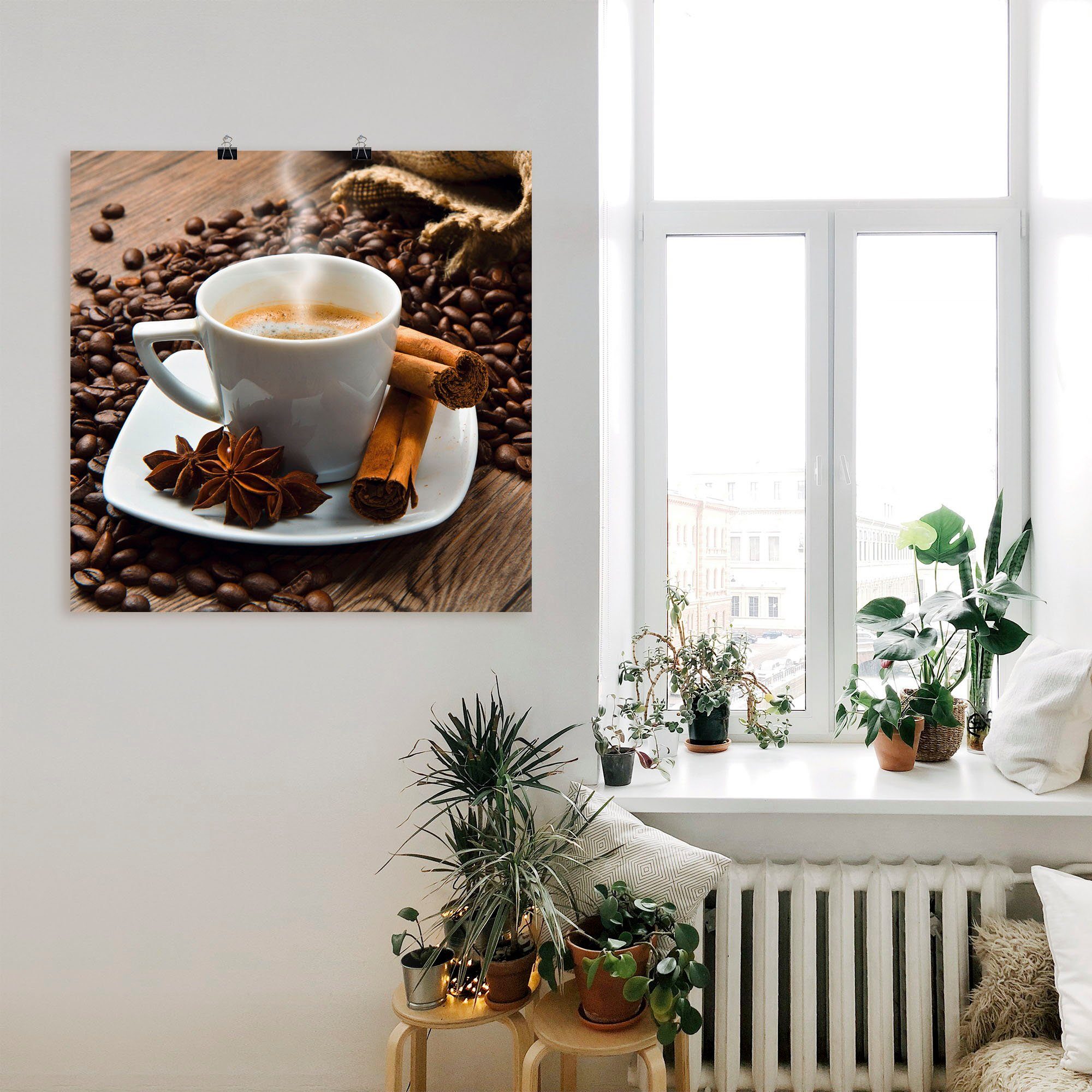 Artland Artprint Koffiekopje linnen zak met koffiebonen als artprint op linnen, poster in verschillende formaten maten