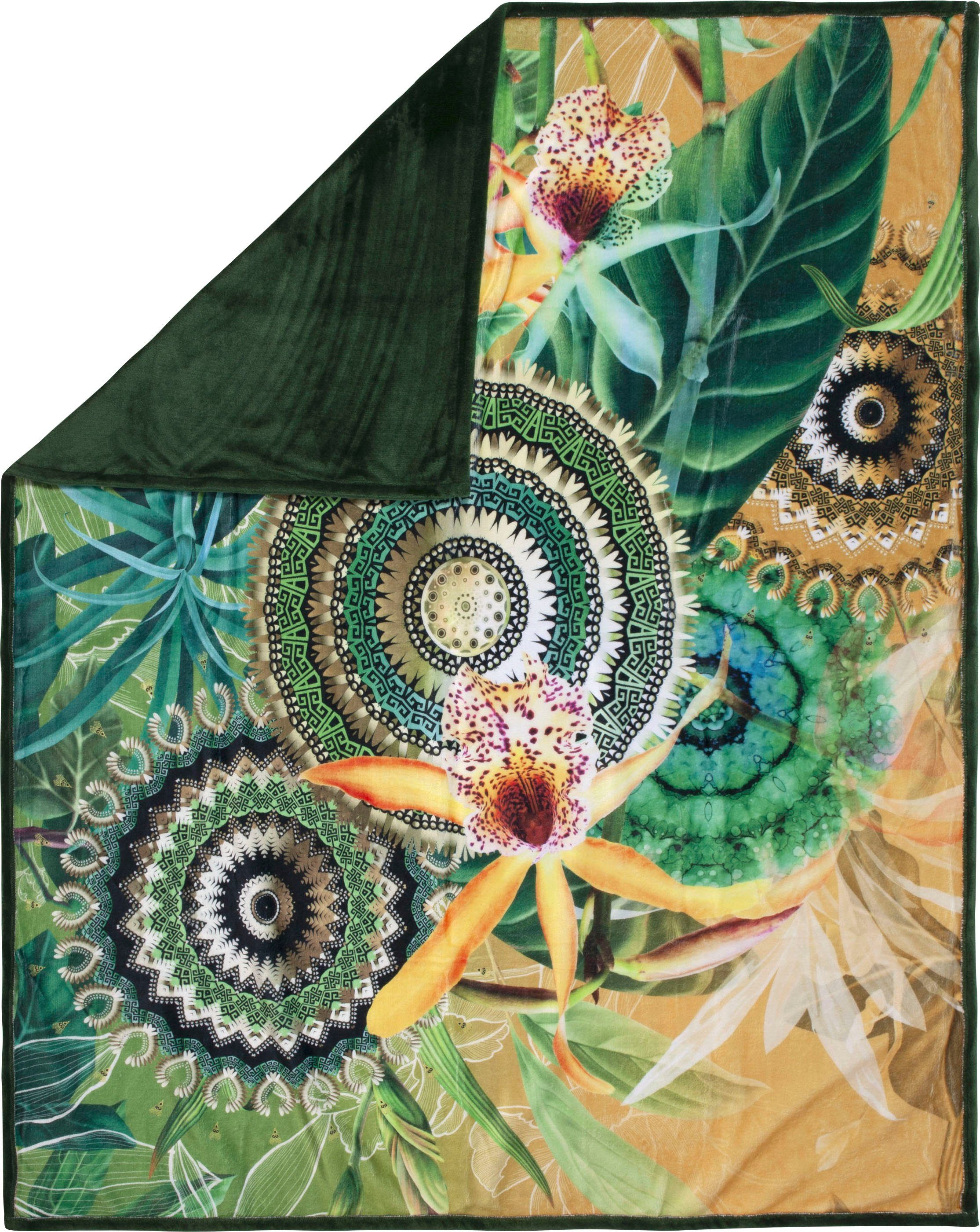 hip Plaid Yissa Zeer zacht, knuffeldeken, 130x160 cm, omkeerbaar, mandala, oker, groen