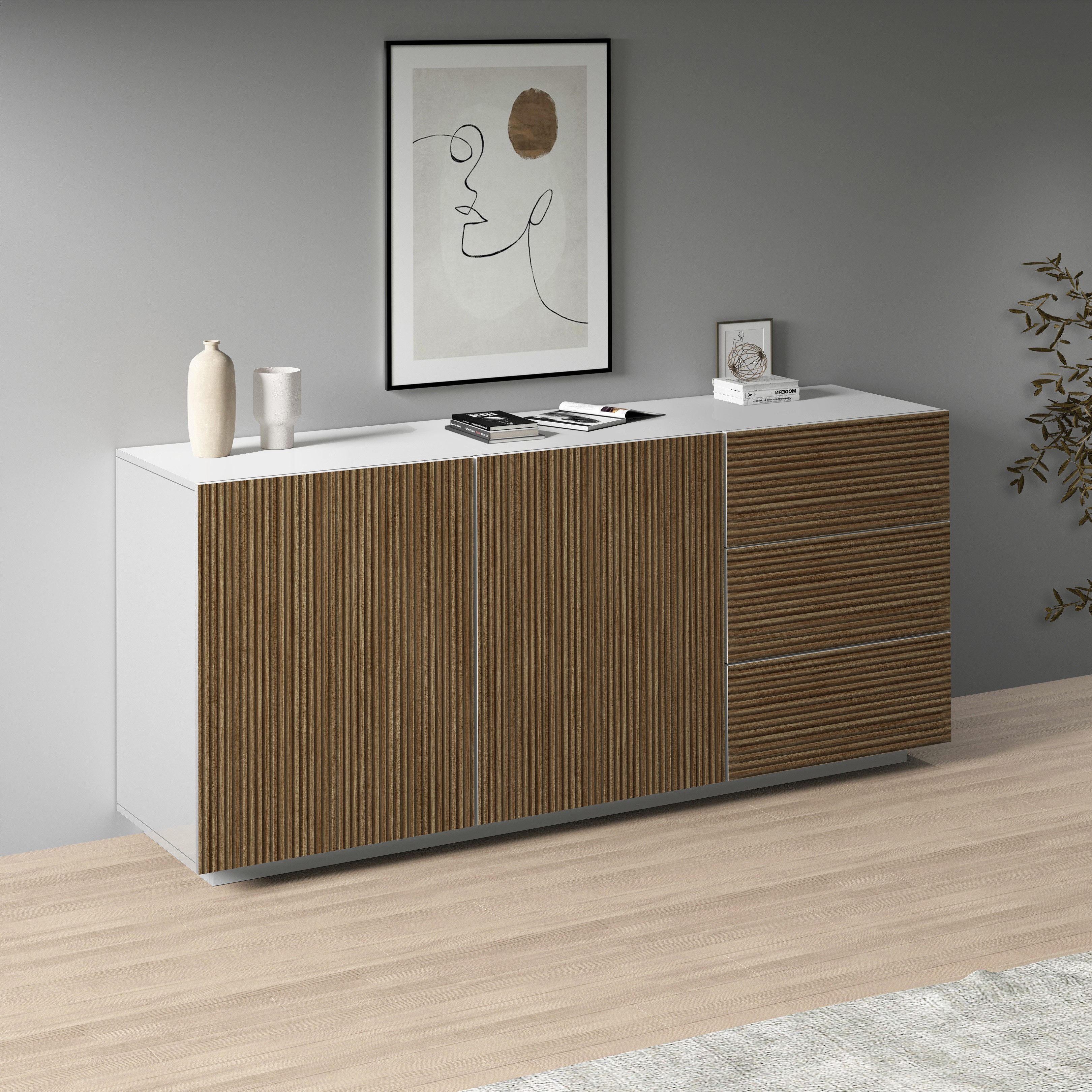 INOSIGN Dressoir Vega Sideboard, Ladekast, 180 cm met 2 deuren en 3 lades, fronten met groeflook dressoirs wit