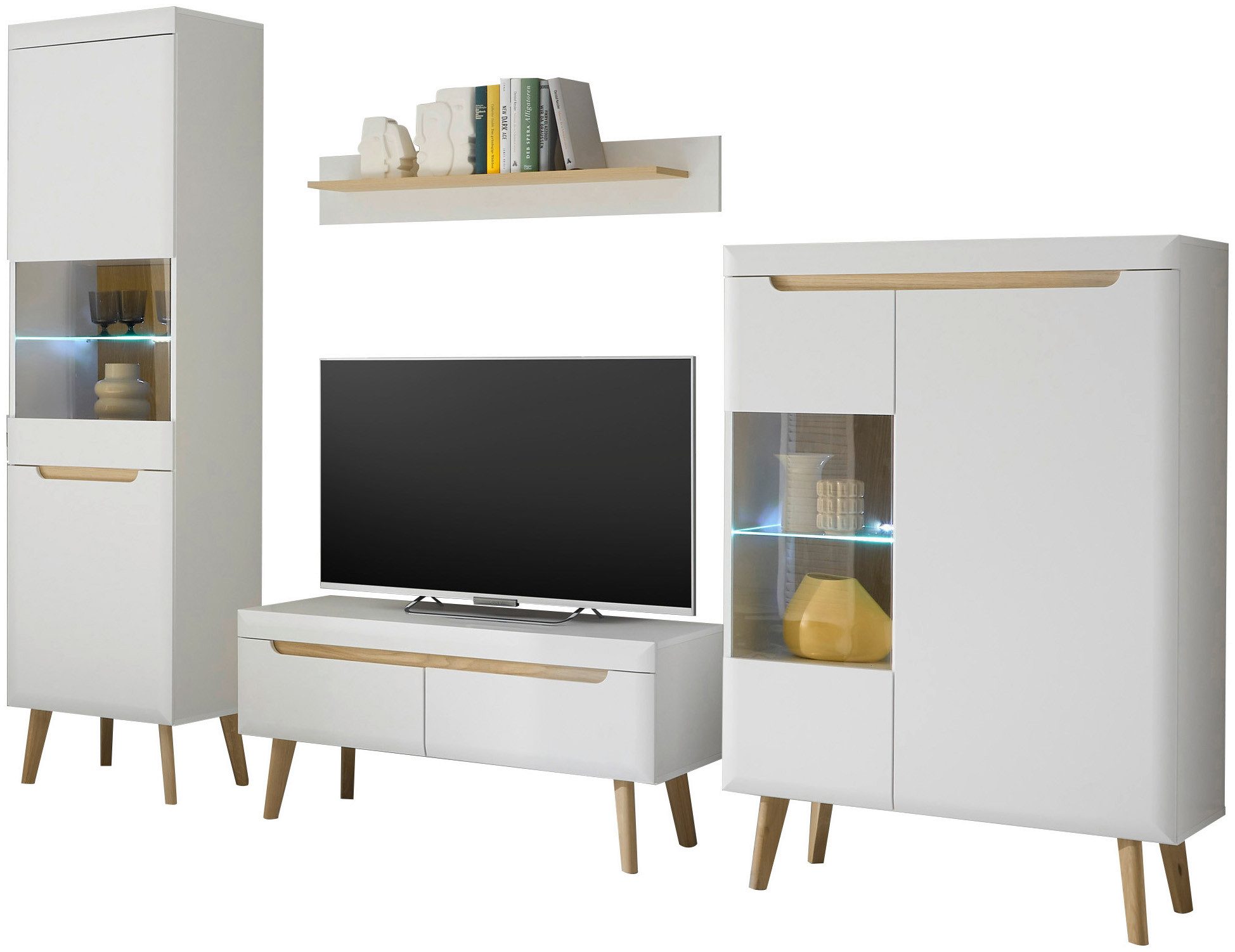 INOSIGN Wandmeubel Torge, wandmeubel, kastwand, mediawand, woonkamer-set bevat 2 vitrines, 1 lowboard + 1 wandplank, 290 cm breed (set, 4-delig)