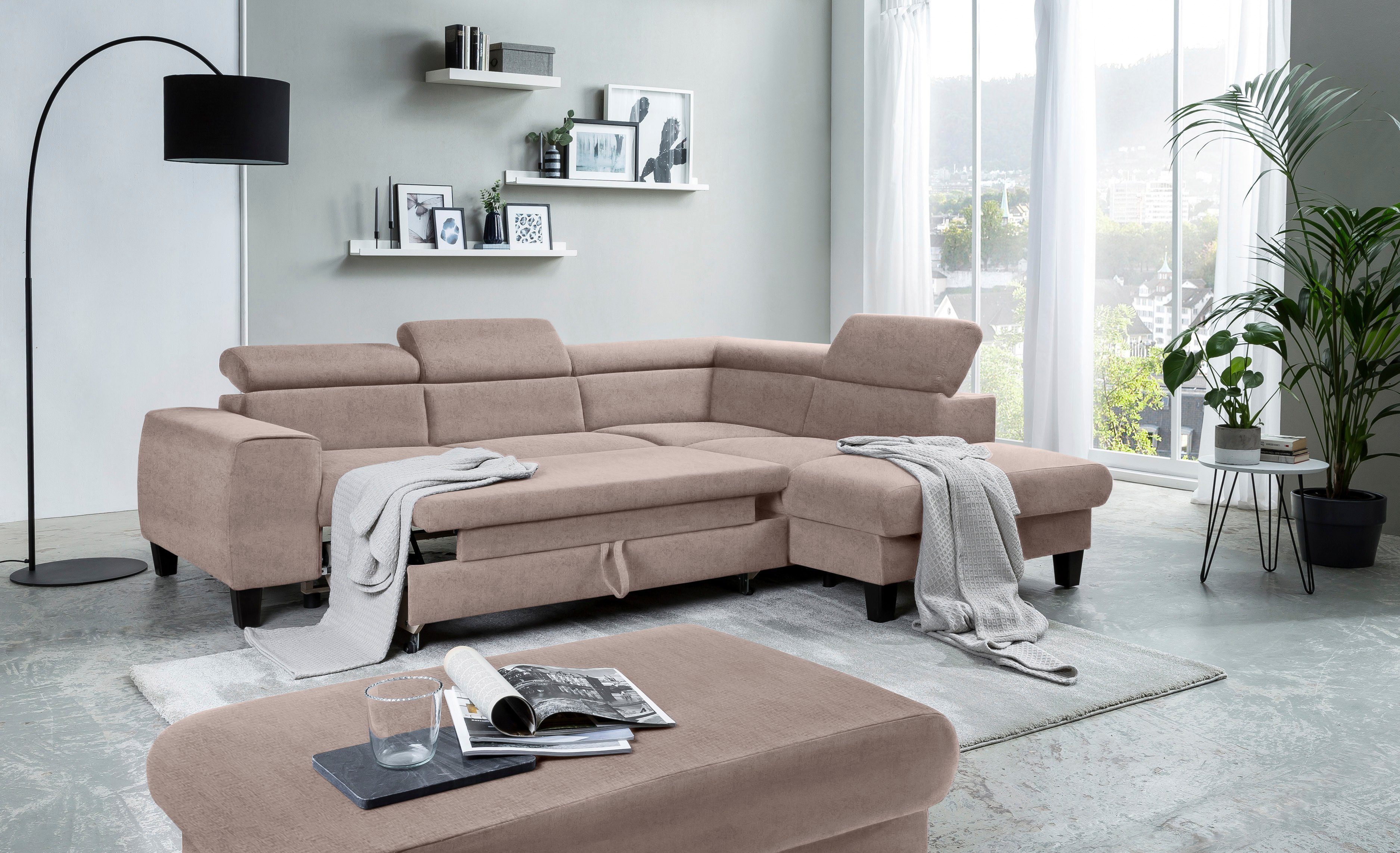 COTTA Hoekbank Morven L-vorm met hoofdeindeverstelling keuze met bedfunctie, bedlade & draadloze oplader