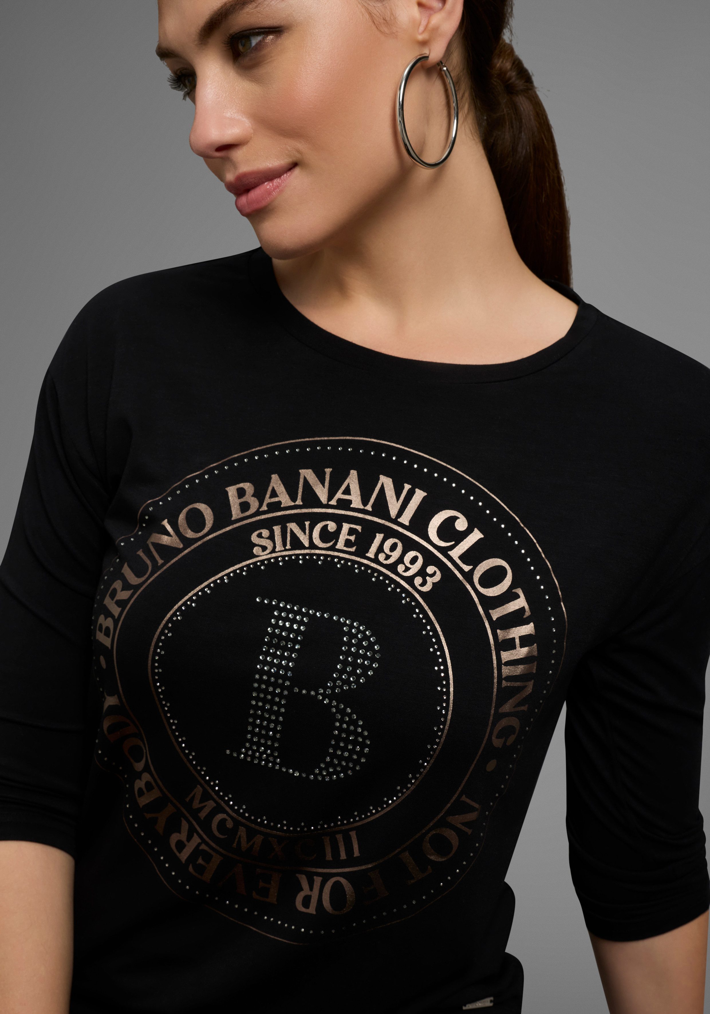Bruno Banani Shirt met 3/4 mouwen met foil-print en glinstersteentjes - nieuwe collectie