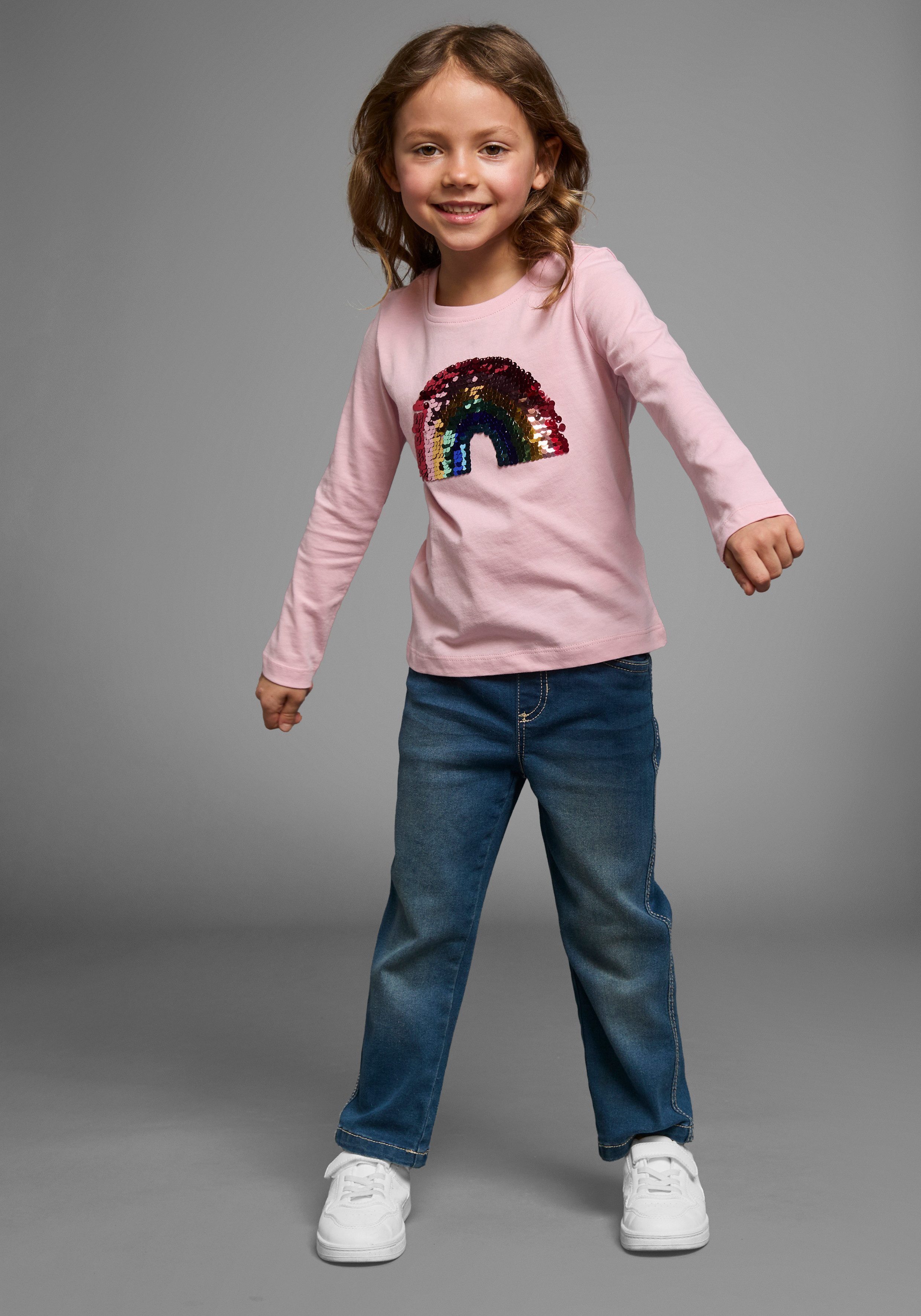 KIDSWORLD Shirt met lange mouwen Regenboog pailletten-applicatie Lange mouwen, basic pasvorm, met glanzende pailletten-applicaties