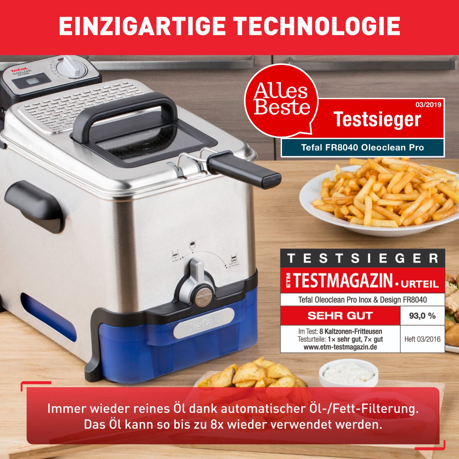 Tefal Friteuse Oleoclean Pro Inox & Design 1,2 kg, uitneembare oliecontainer, automatische oliefiltering, fr8040