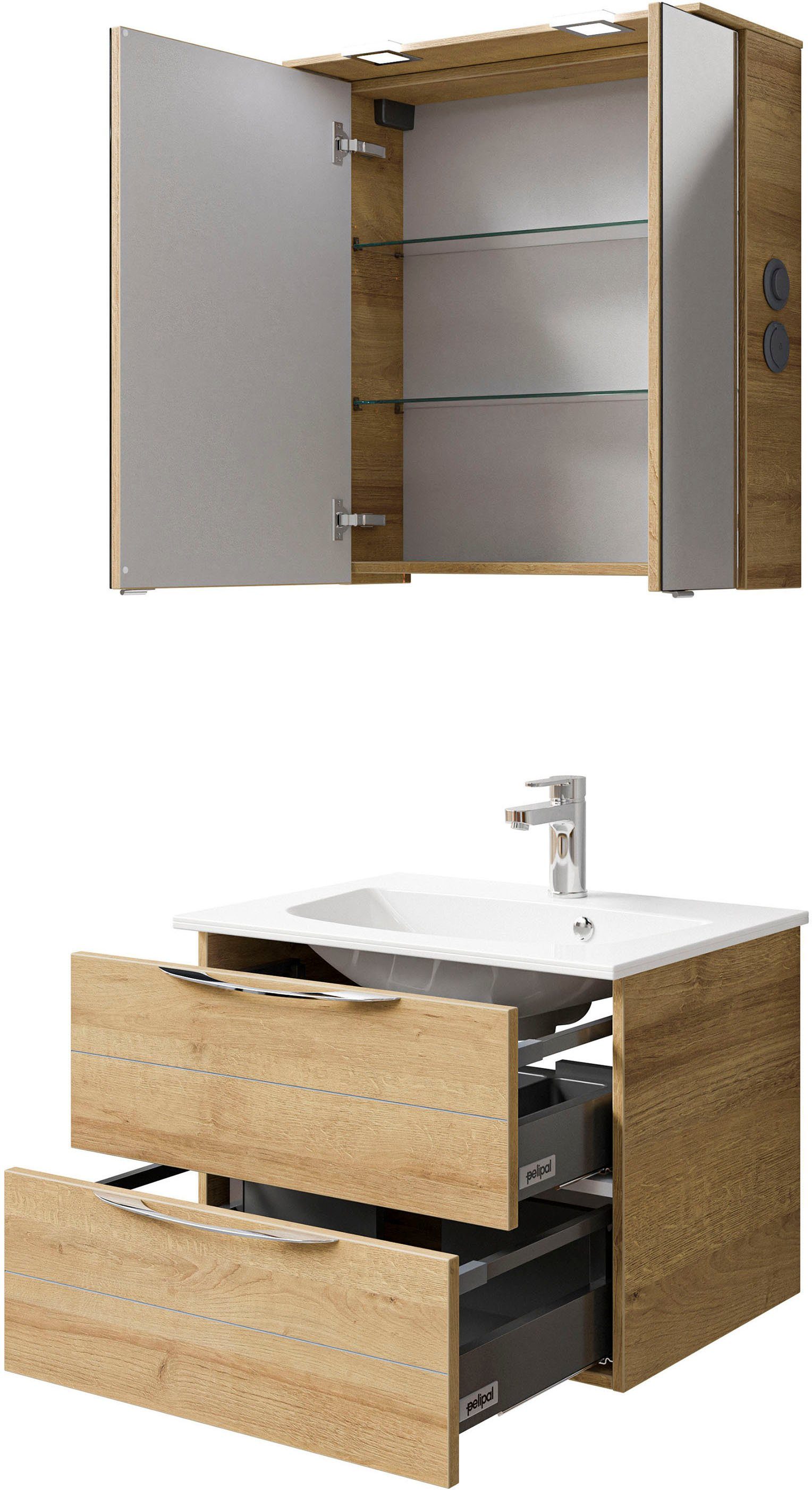 Saphir Badkamerserie Serie 6025 2-delig, mineraalmarmeren wastafel met led-spiegelkast Wastafelmeubel 67 cm breed, 2 laden, 2 spiegeldeuren, incl. deurdemper (2-delig)