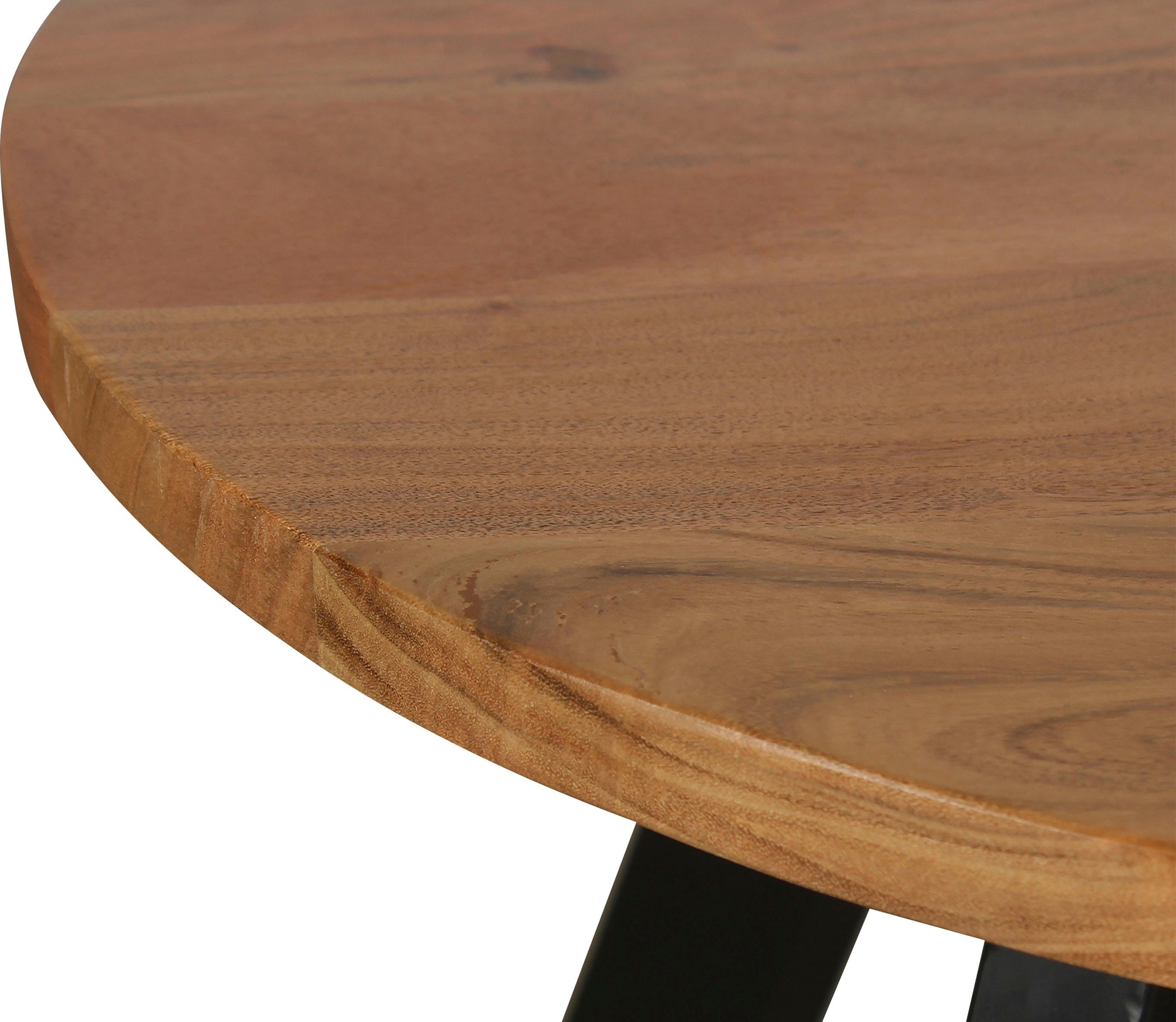 byLIVING Salontafel Ulm met massief acaciahout - plaat en zwarte metalen frame, rond 75 cm.