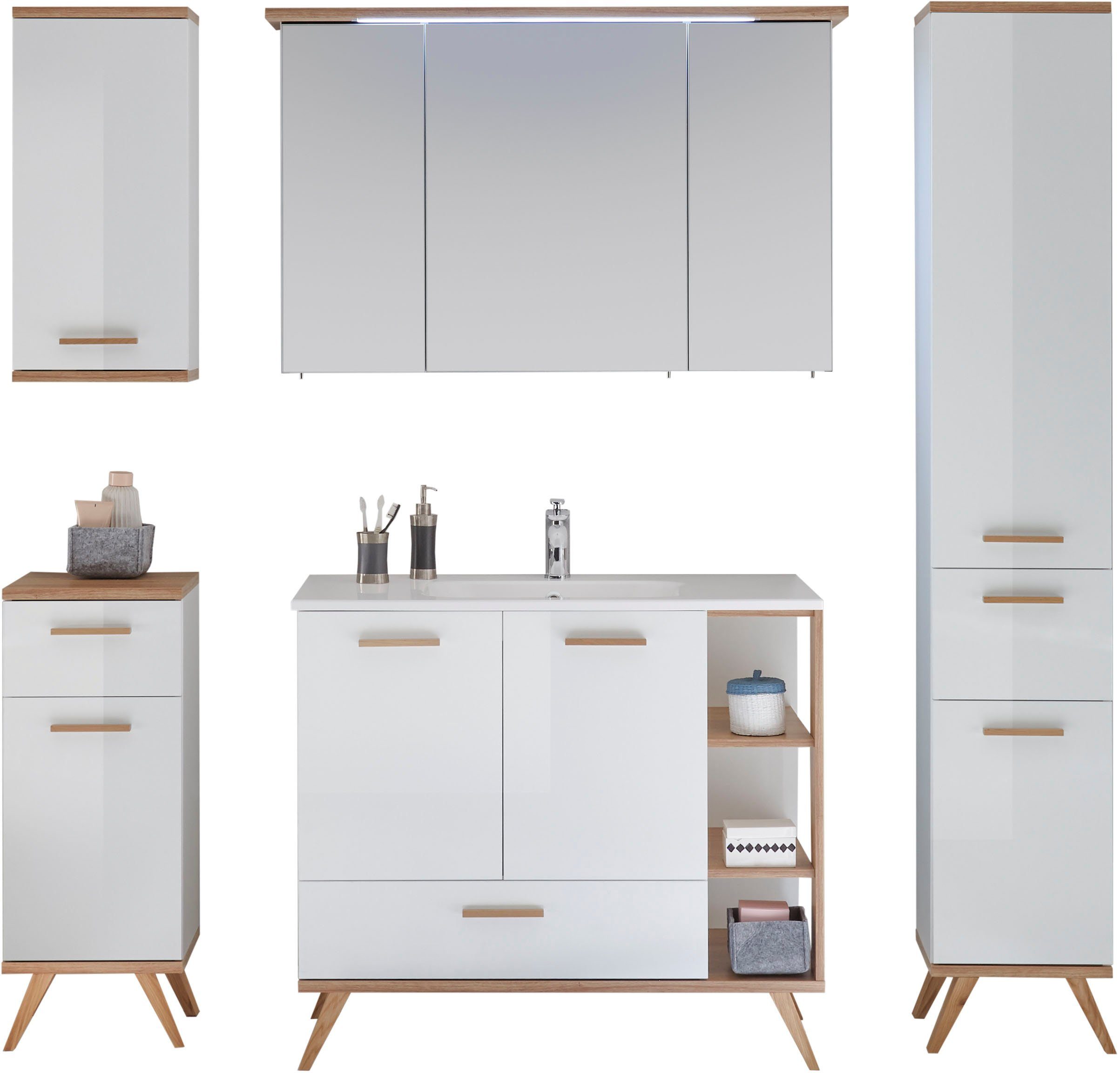 Saphir Badkamerserie Quickset mineraalmarmeren wastafel met led-spiegelkast (6-delig) badmeubelsets wit