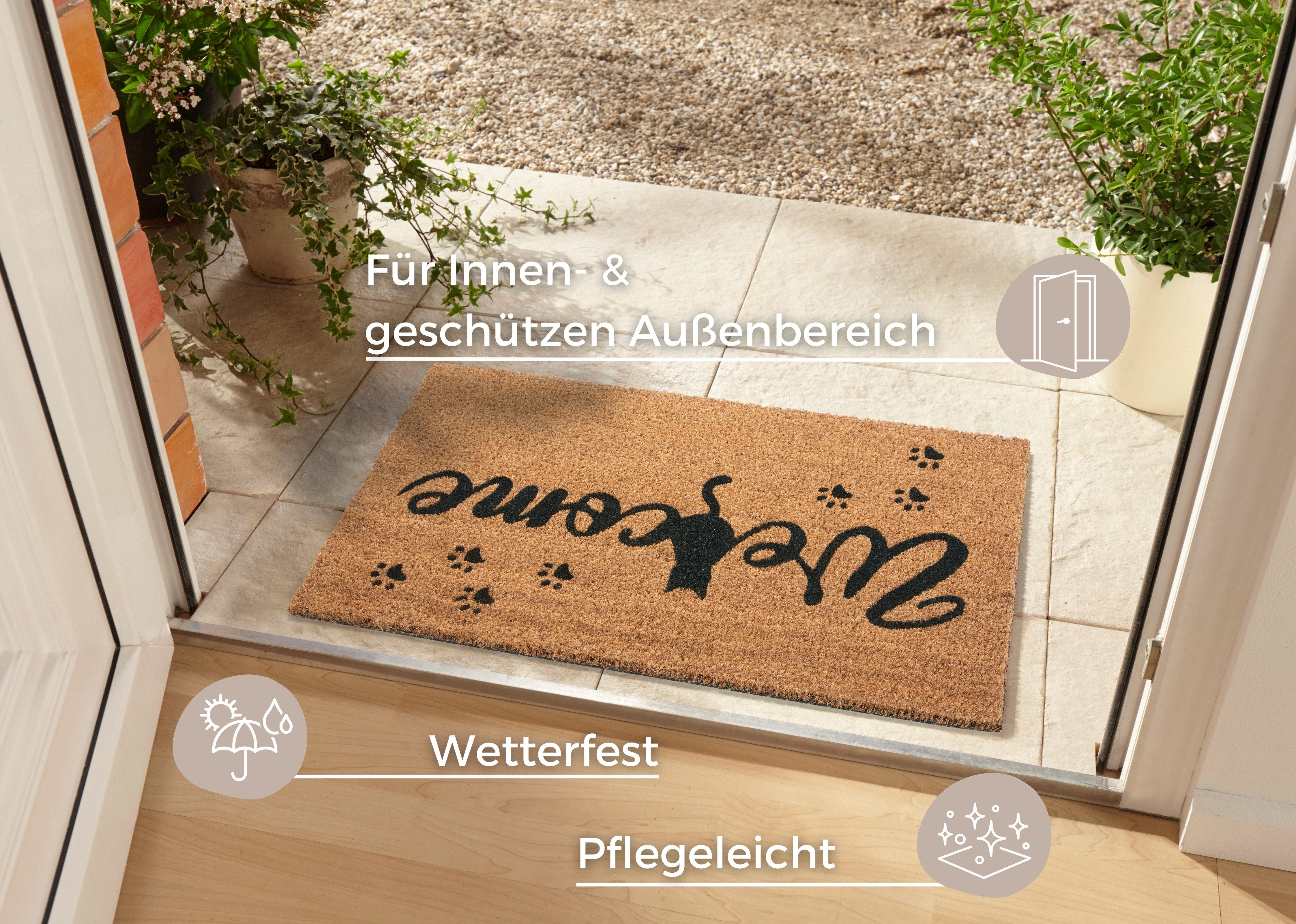 HANSE Home Mat Mix Mats Kokos Cat Paws Welcome, deurmat Kokos, vuilopvangmat, outdoor, antislip, binnen, kokosmat, gang