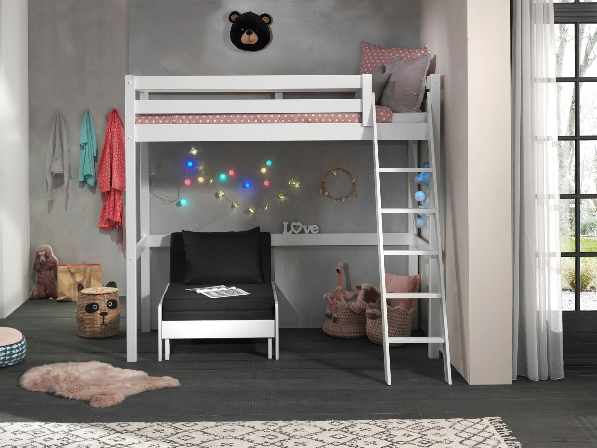 Vipack Hoogslaper met 90x 200 cm ligoppervlak, grijs of wit gelakt