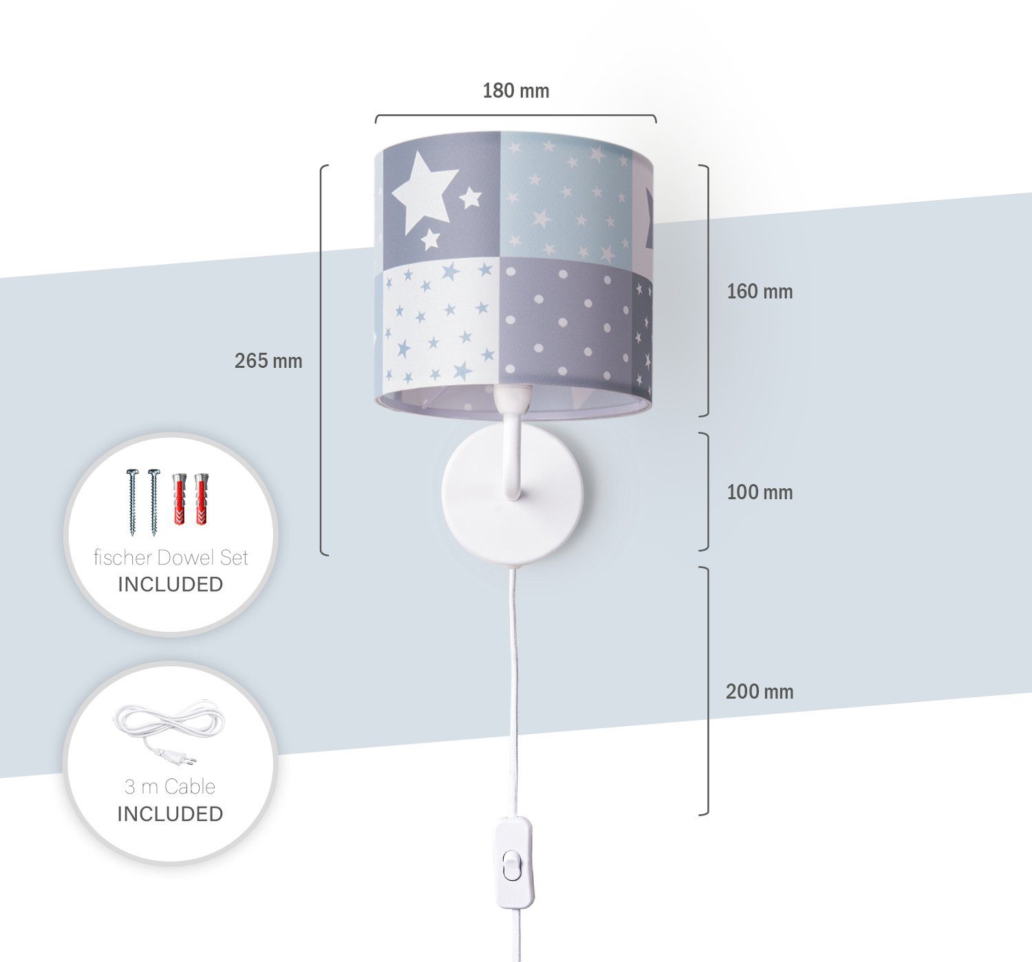 Paco Home Wandlamp Cosmo 345 Kinderlamp wandlamp schakel Ø…18cm sterren stippen kabellengte 3m E14