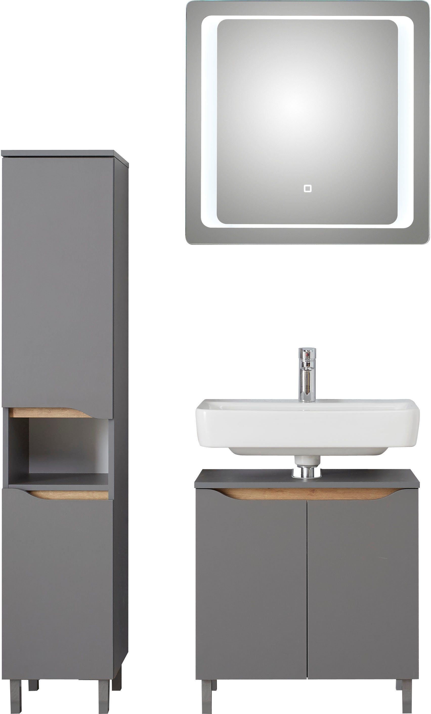 Saphir Badkamerserie Quickset 3-delig, wastafelonderkast met led-spiegel met halfhoge kast, inclusief deurdemper, 4 deuren, 1 nis,
