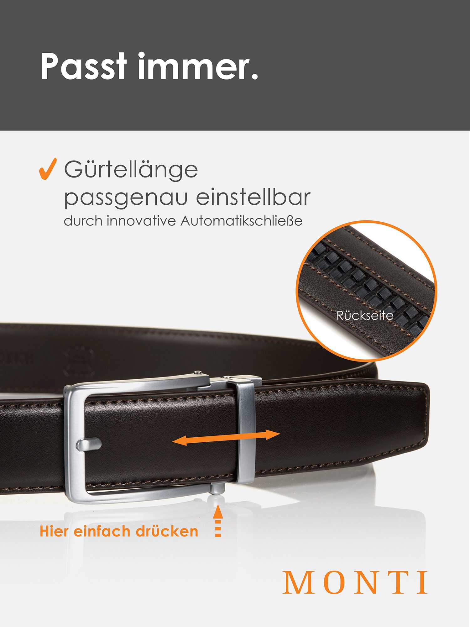 MONTI Leren riem 3,5 cm breed, klassiek-business, automatische sluiting - past altijd