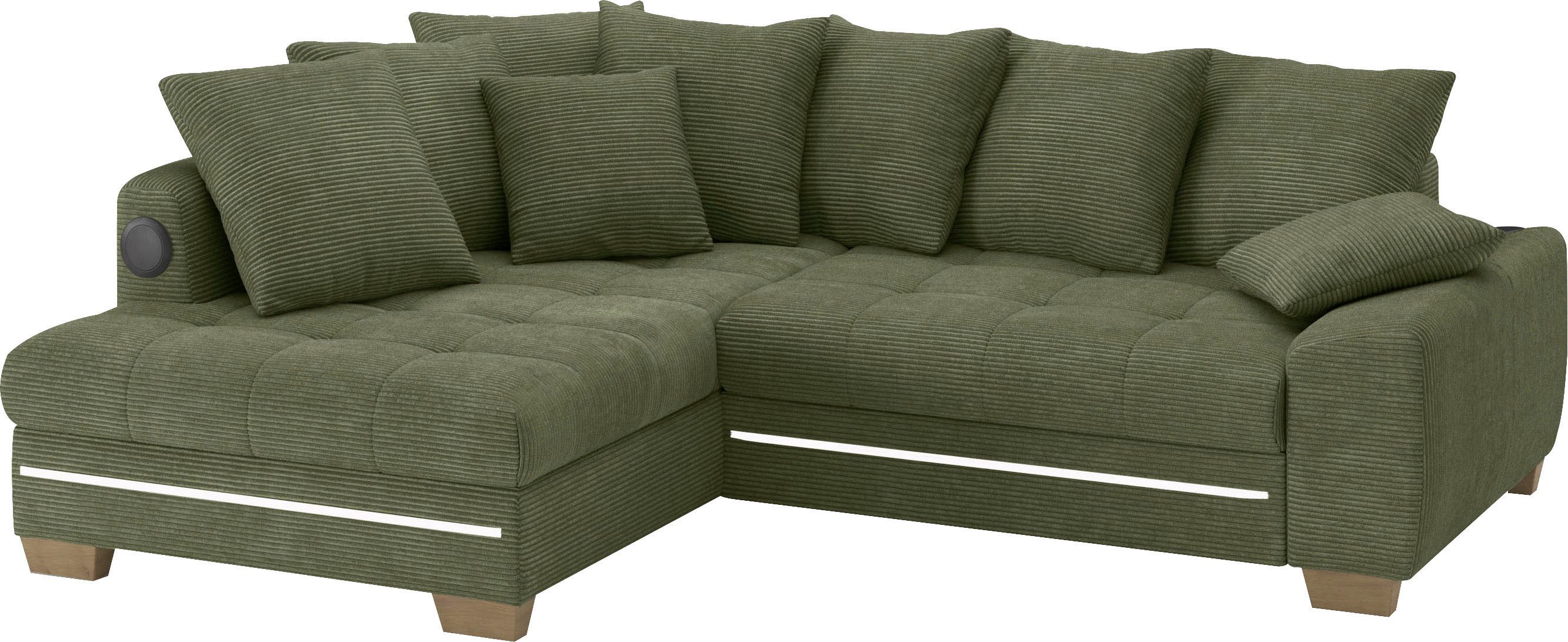 Mr. Couch Hoekbank Nikita II, L-vorm met koudschuim, rgb-led, geluidssysteem, optioneel met bed, bedlade groen, hoekbanken, 243 cm