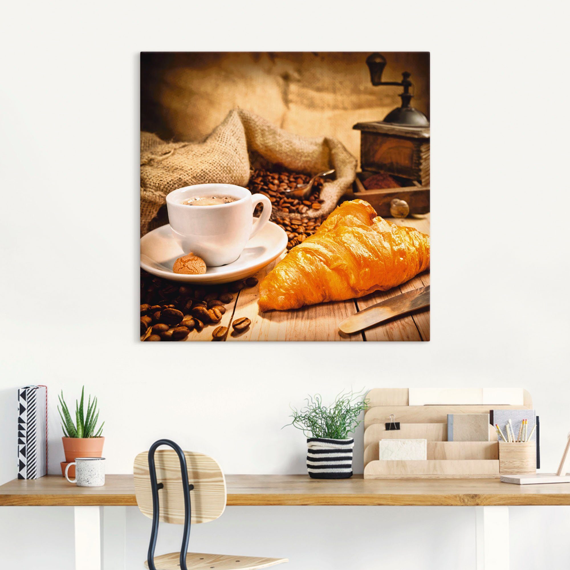 Artland Artprint Koffiekopje met croissant als artprint op linnen, poster in verschillende formaten maten