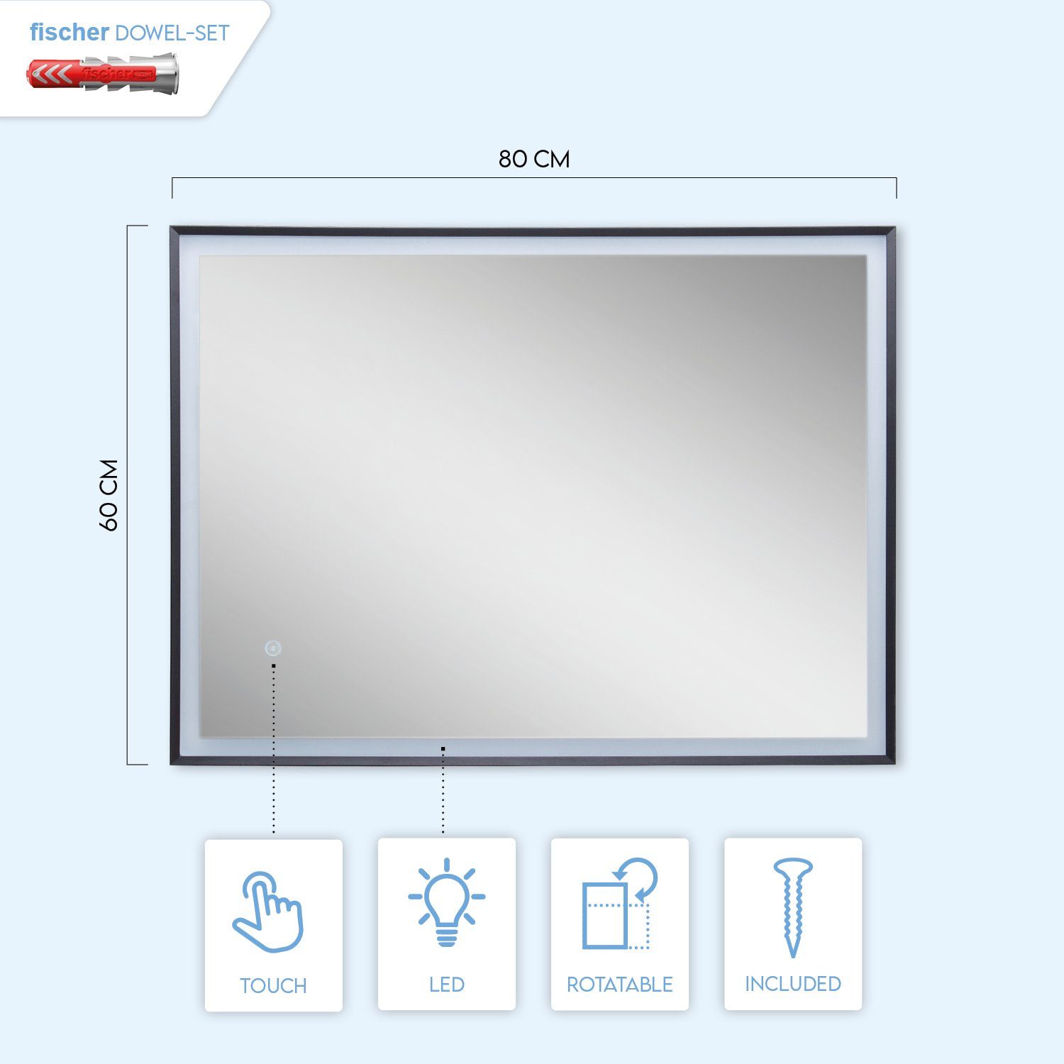 Paco Home Wandlamp TRACY Verlichte spiegel LED achterlicht touch-zwart rechthoekig